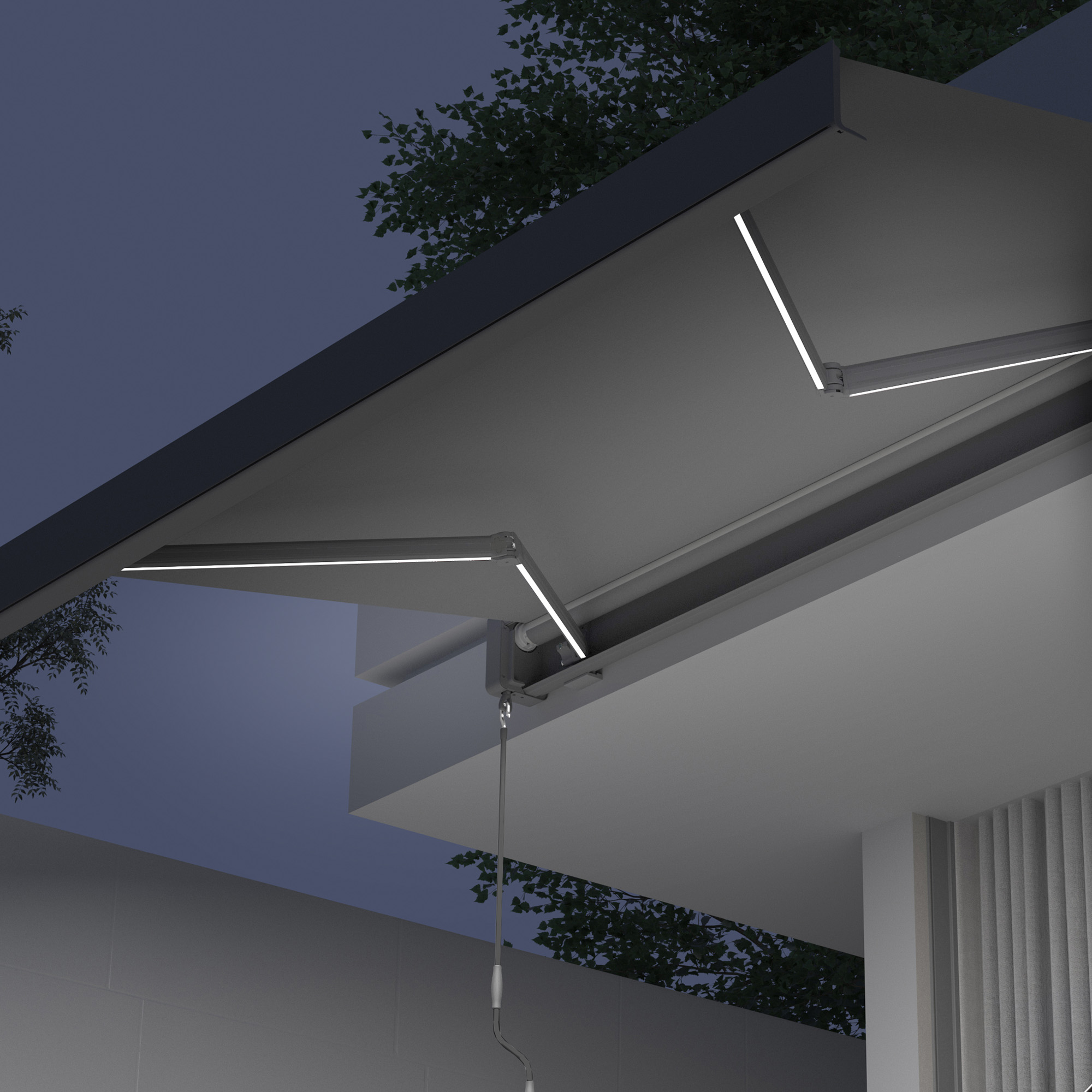 Kassettenmarkise mit LED-Beleuchtung, montiert an einer Wand, zeigt Gelenkarme und Tuch