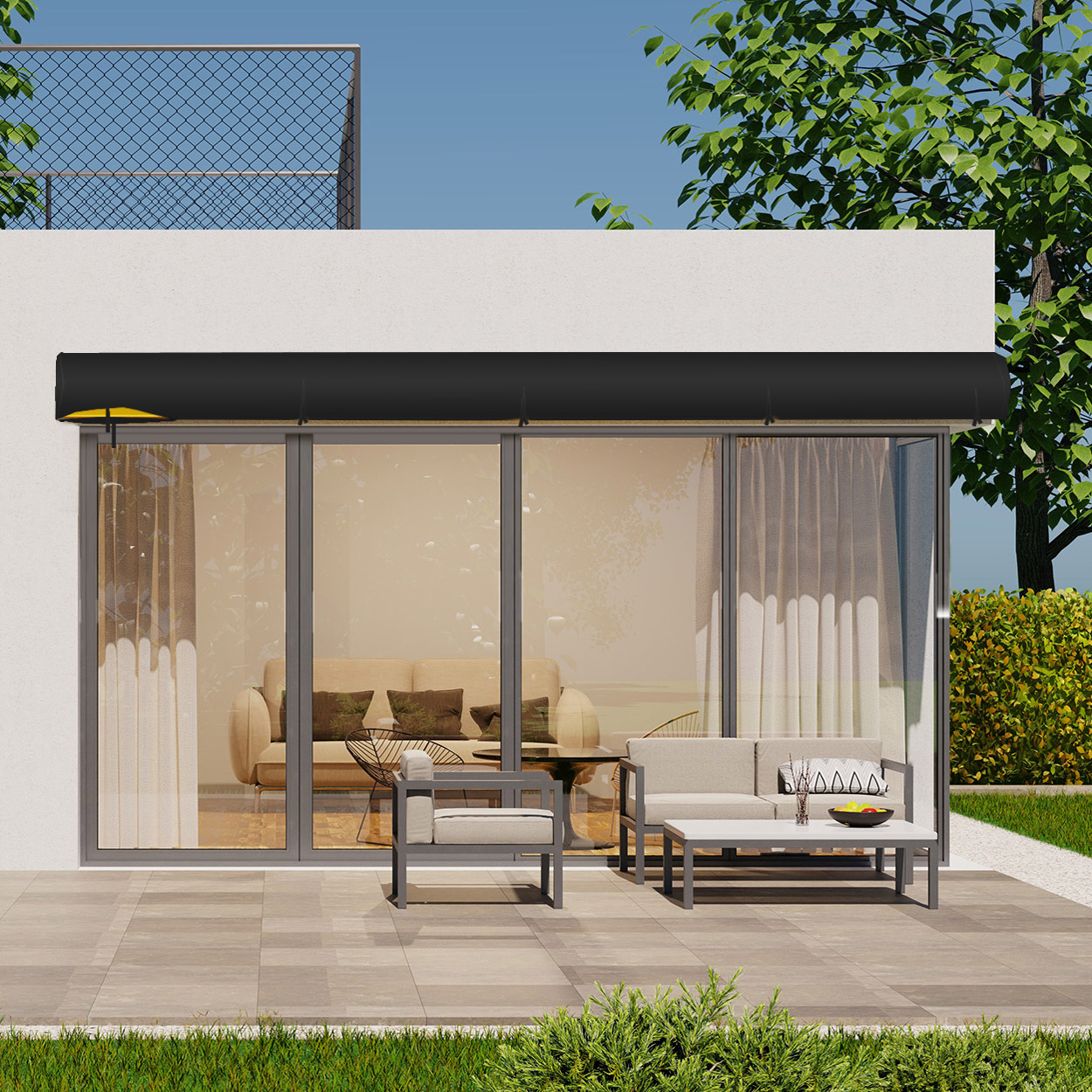 slider_image_0190e8d3c01f78229fb747d9c4a71741 Markisenschutzhülle über Terrasse mit Sitzmöbeln und Glasfront