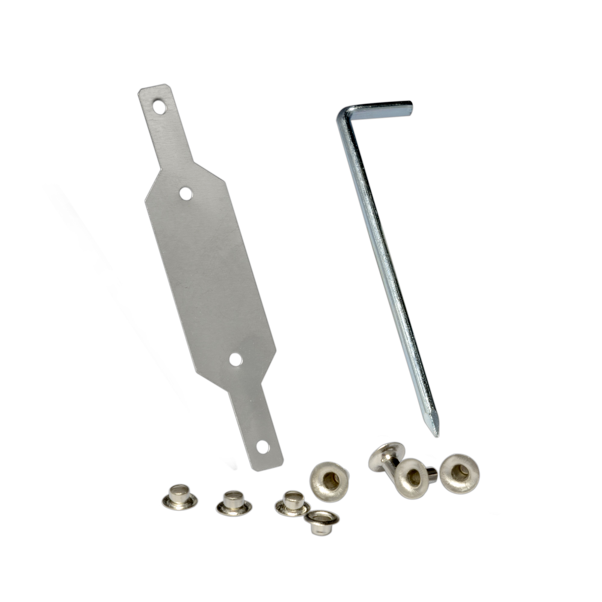 slider_image_ Rolladengurt Reparaturkit mit Metallplatten, Schrauben und Inbusschlüsseln zur Reparatur von Rolläden