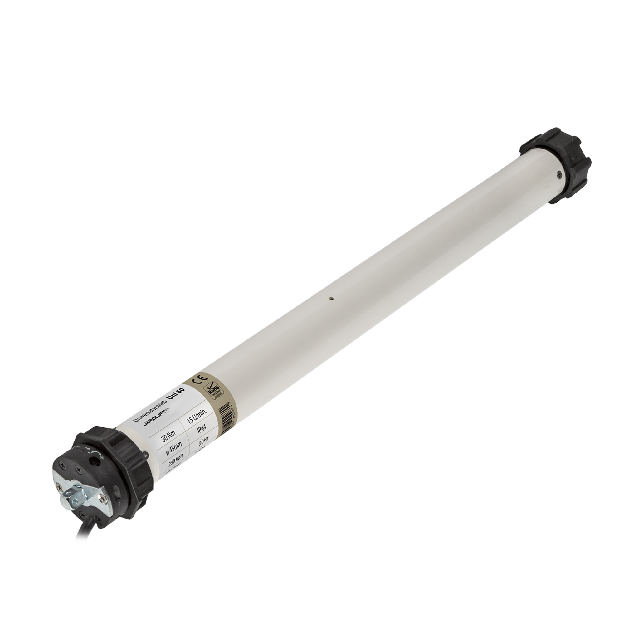 Rollladenmotor Universal in zylindrischer Form mit Anschlusskabel und Befestigungselementen