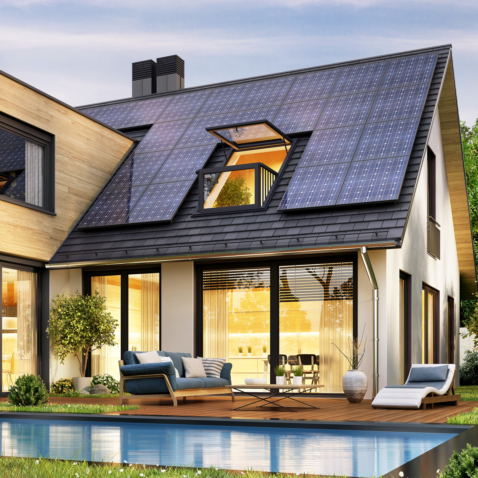 Modernes Haus mit Solarpanelen auf dem Dach und Terrasse am Pool