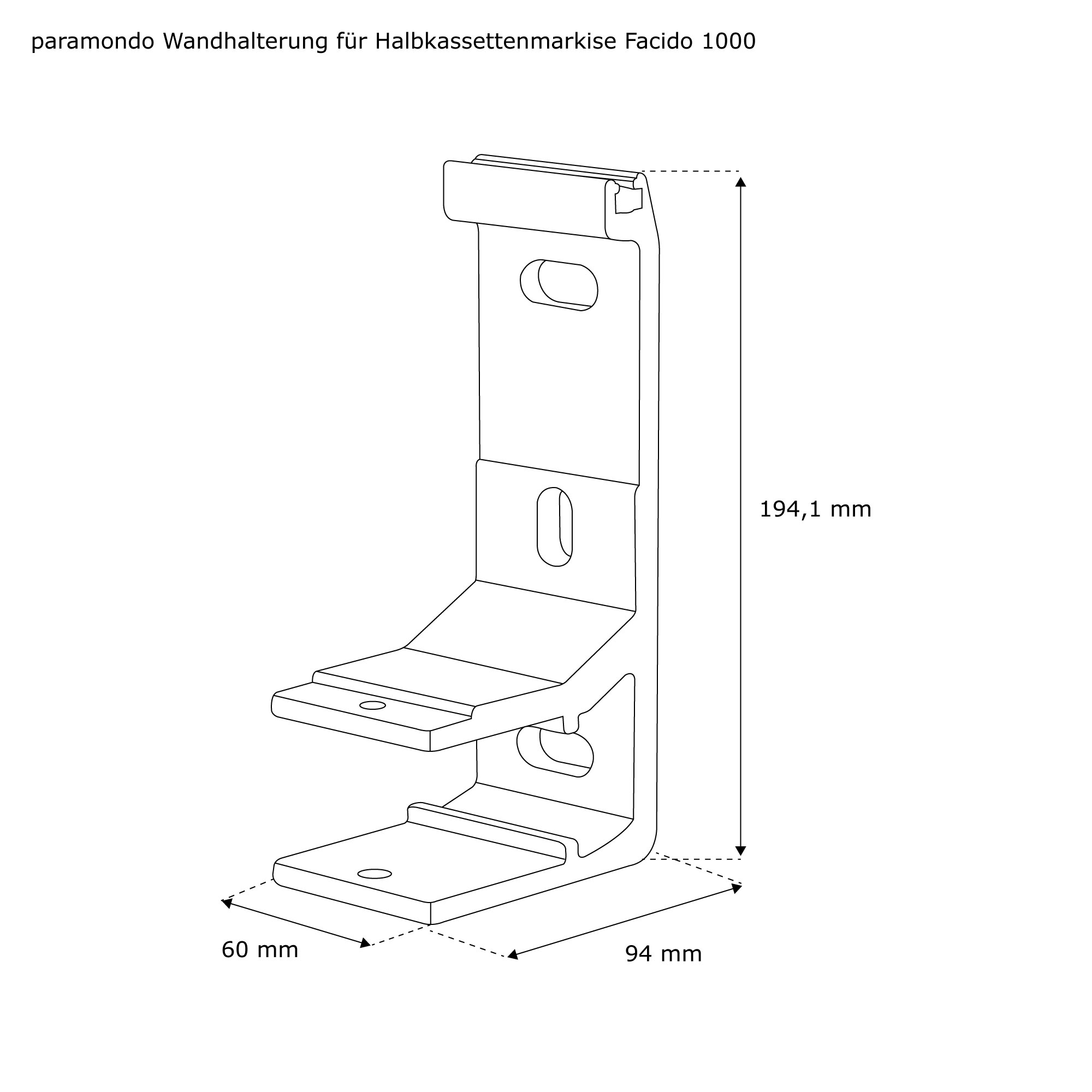Wandhalterung für Halbkassettenmarkise Facido 1000, schematische Zeichnung mit Maßen
