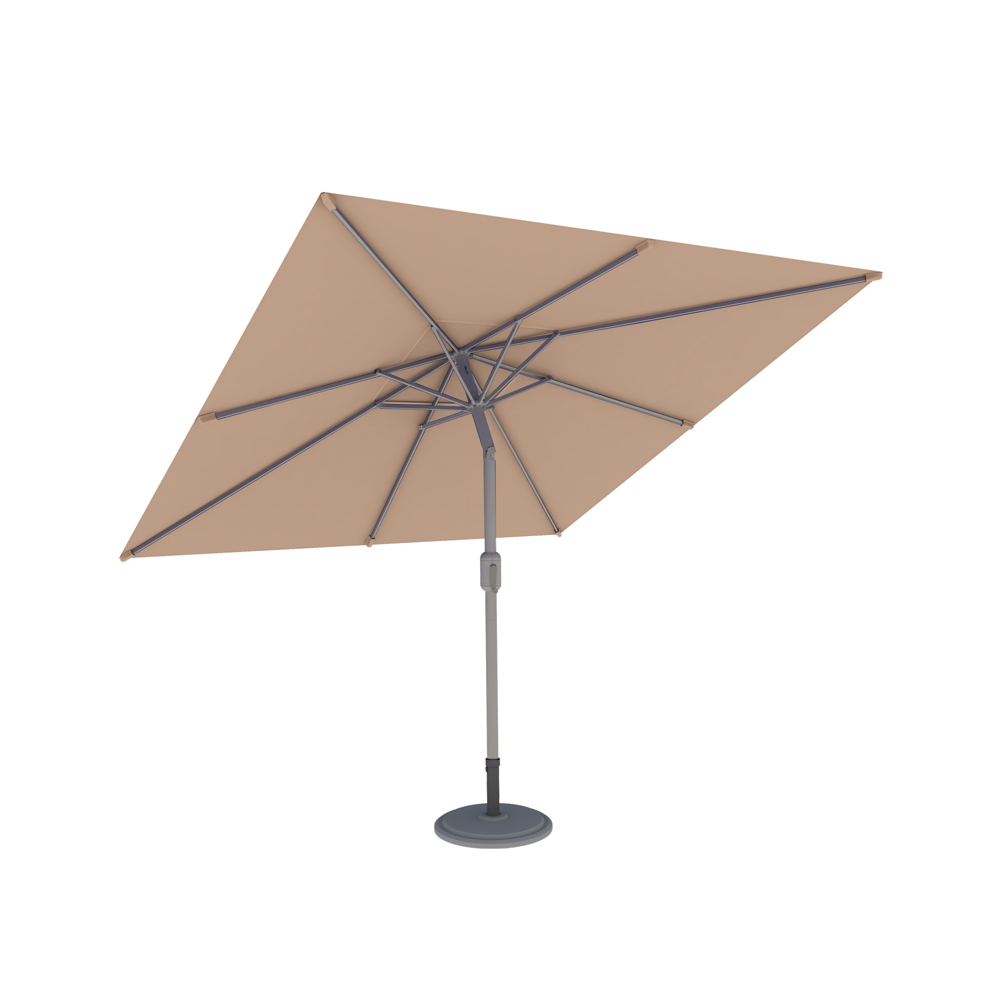 Quadratischer Sonnenschirm mit stabilem Standfuß und verstellbarem Mast