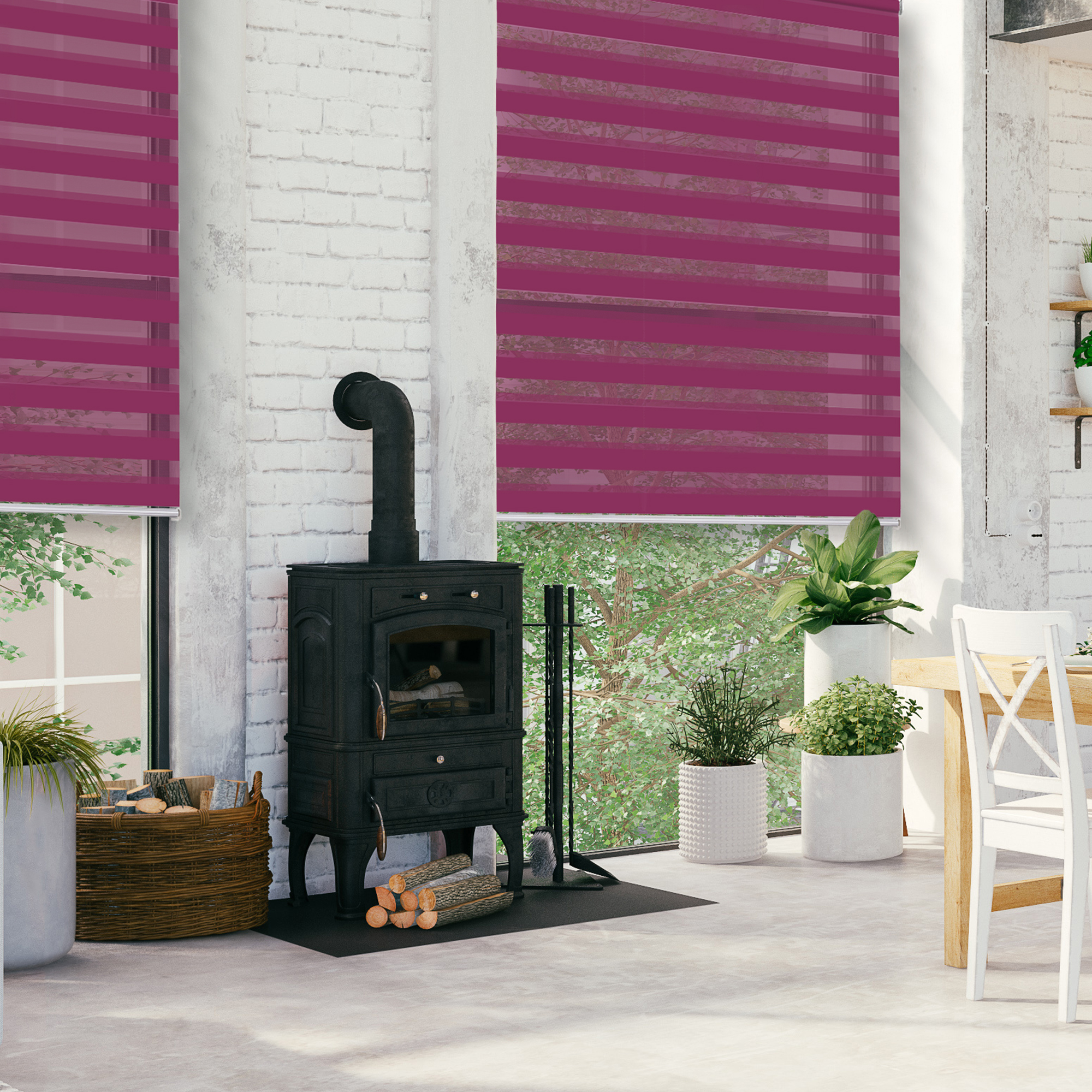 Klemmfix Doppelrollo an Fenster in modernem Wohnraum mit Ofen und Pflanzen