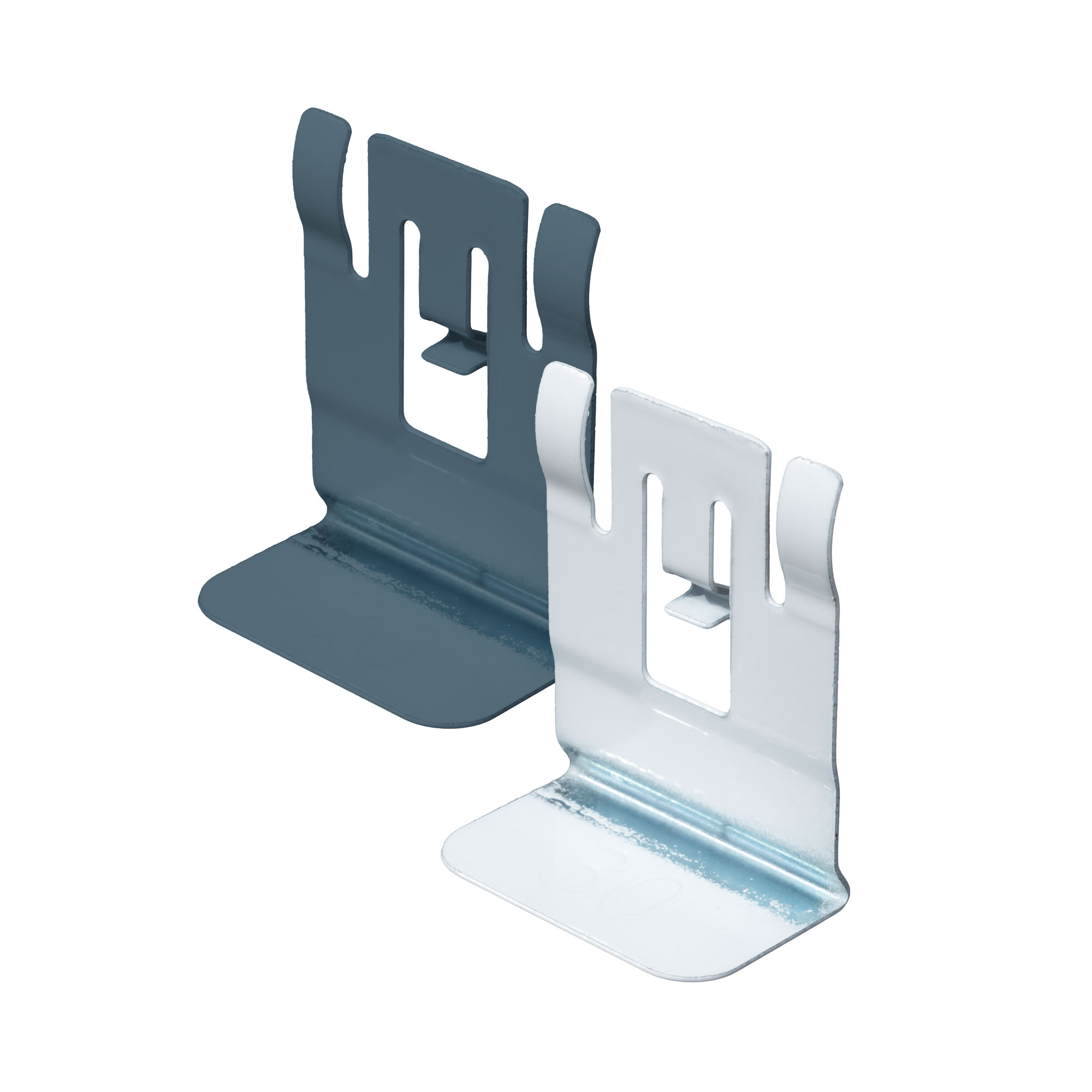 Zwei Klemmhalter für Perfect Fit Rahmen in L-Form mit Aussparungen und gebogenen Kanten