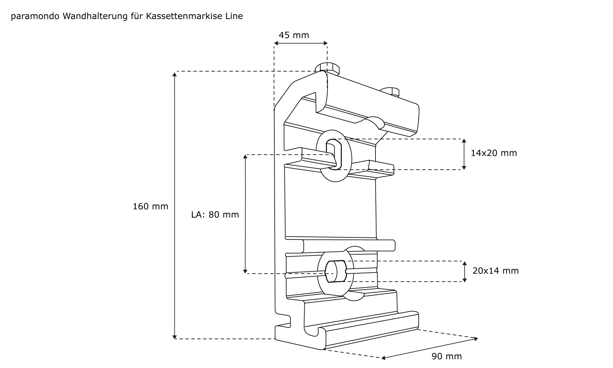 Technische Zeichnung einer Wandhalterung für Kassettenmarkise Line mit Maßen und Details