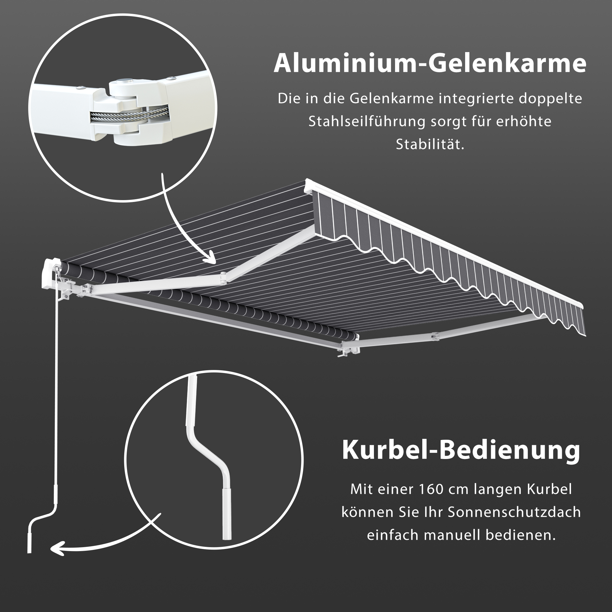 Markise mit Aluminium-Gelenkarmen und Kurbelbedienung für manuelle Anpassung