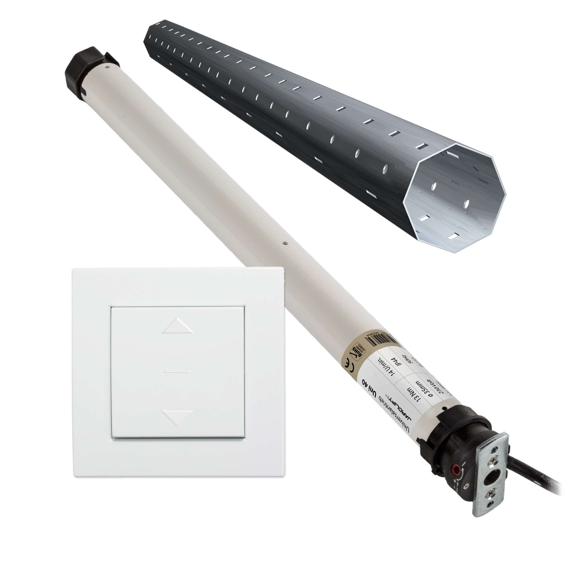 Rollladenmotor mit Steuerung und Kabel für automatisierte Rollladenbedienung