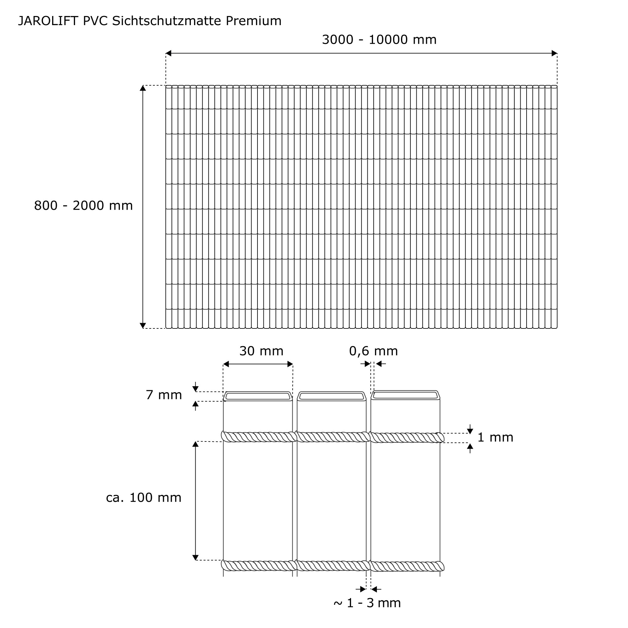 Diagramm einer PVC-Sichtschutzmatte mit Maßangaben und Aufbauansicht