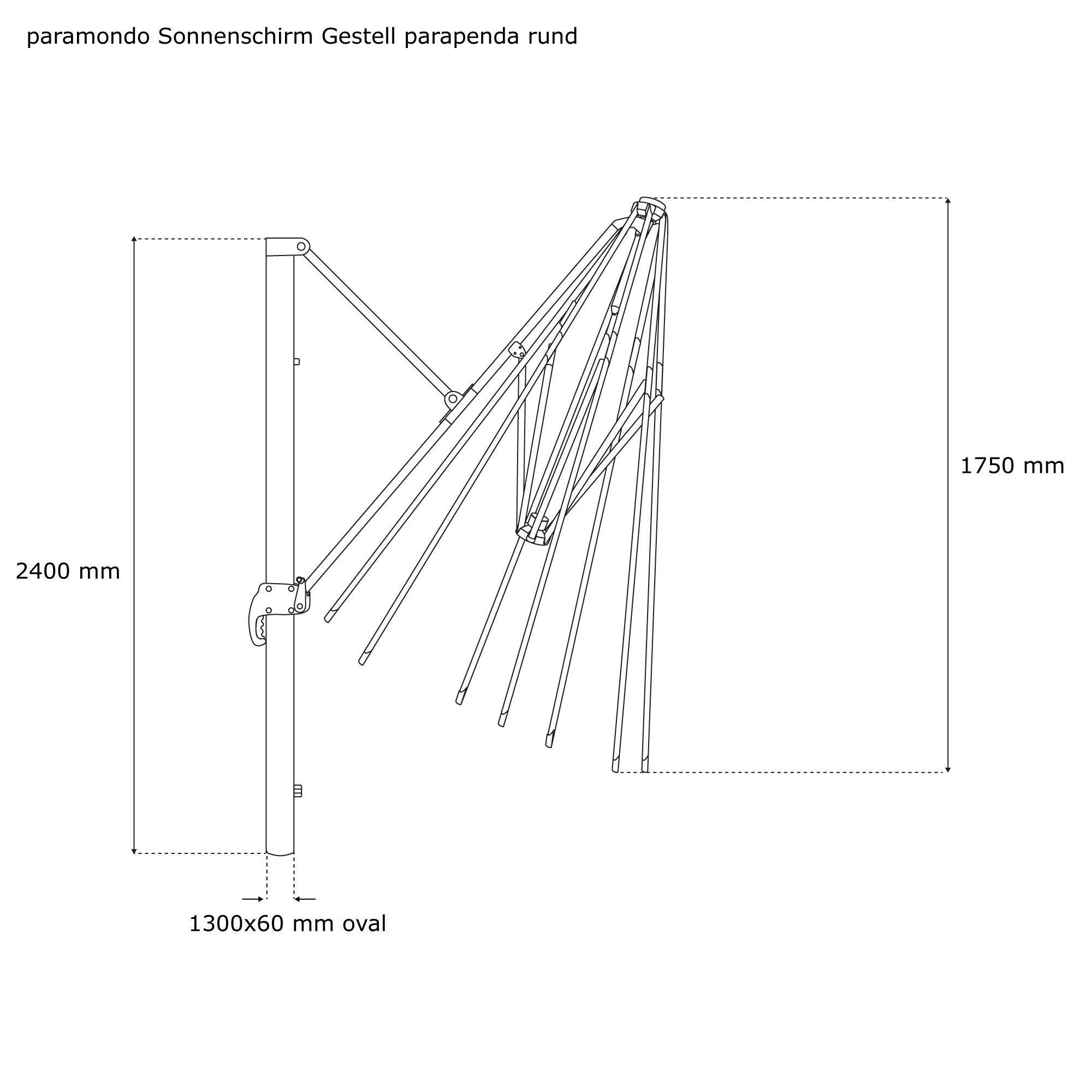 Zeichnung eines Gestells für einen Ampelschirm mit Maßen und Aufbauansicht