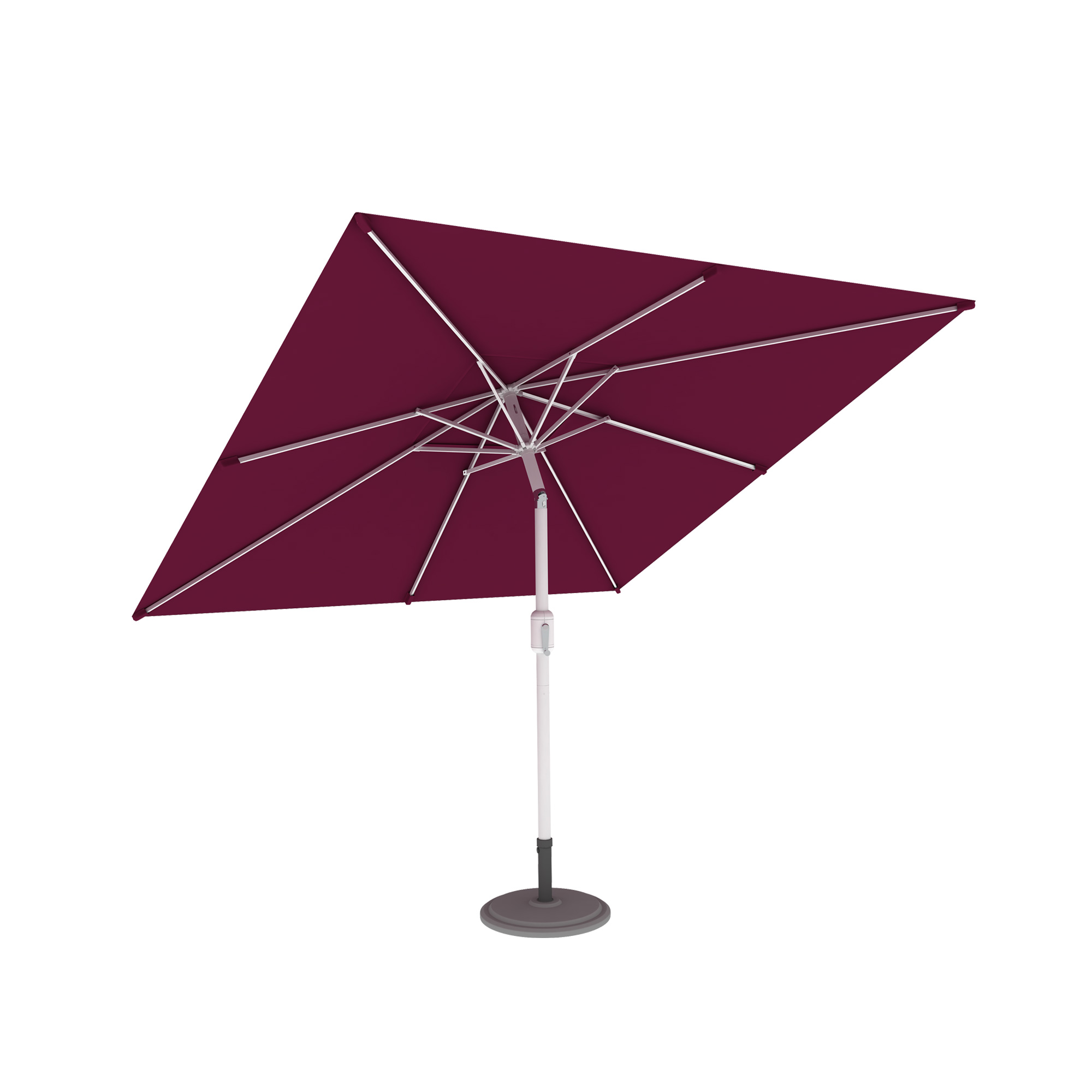 Quadratischer Sonnenschirm mit stabilem Standfuß und verstellbarem Mast