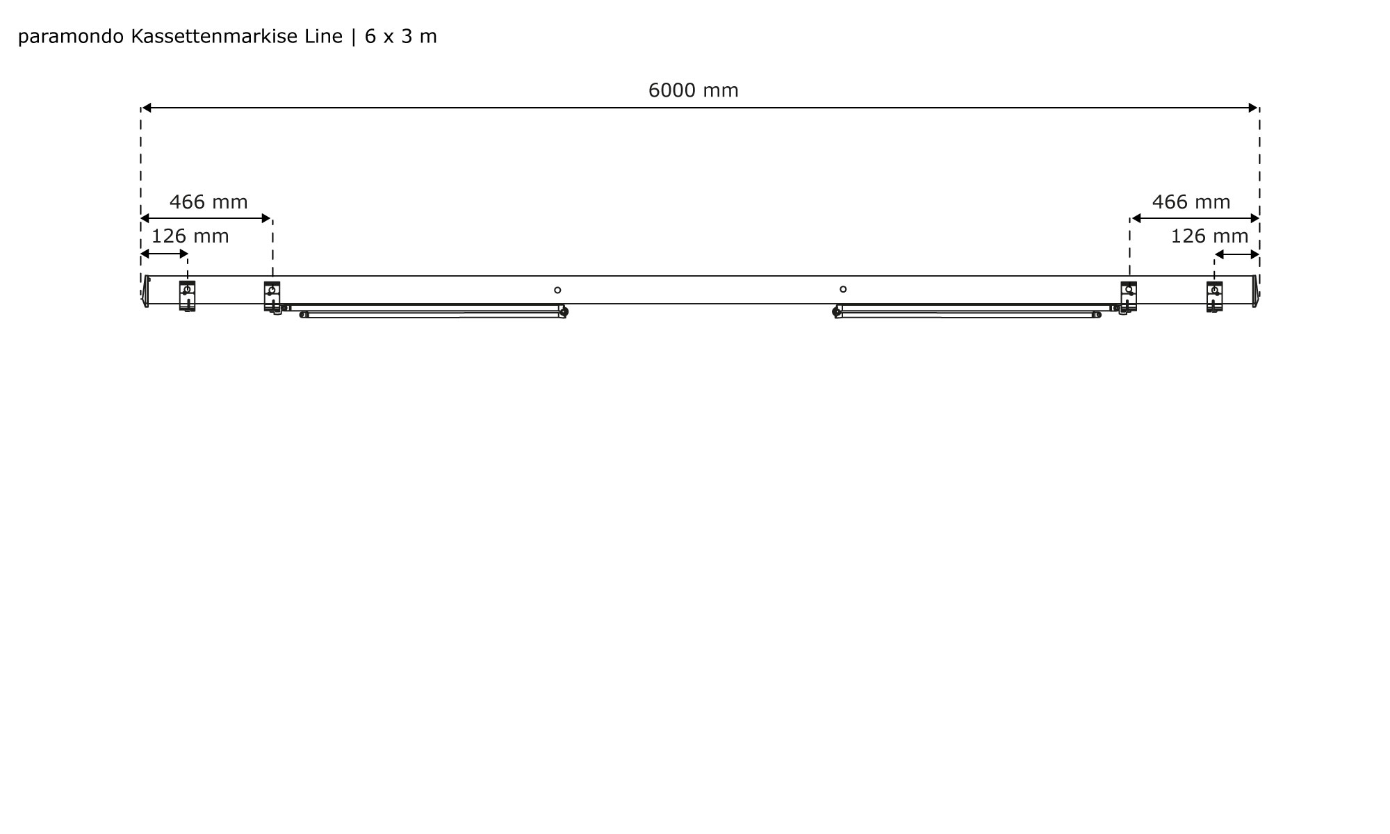Diagramm einer Kassettenmarkise Line mit Abmessungen und Aufbauansicht