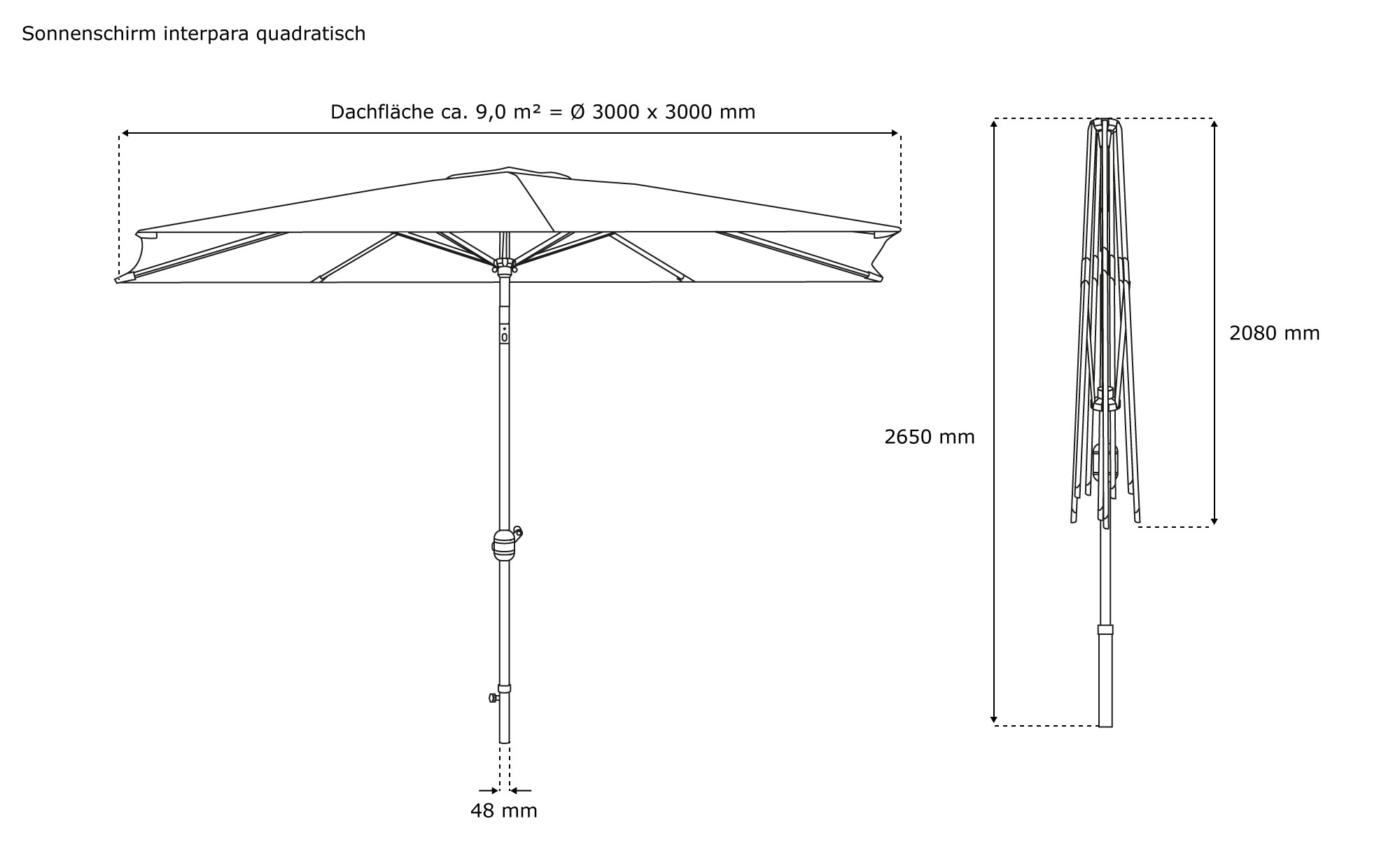 Runder Sonnenschirm mit verstellbarem Mast und Streben, technische Zeichnung mit Maßen