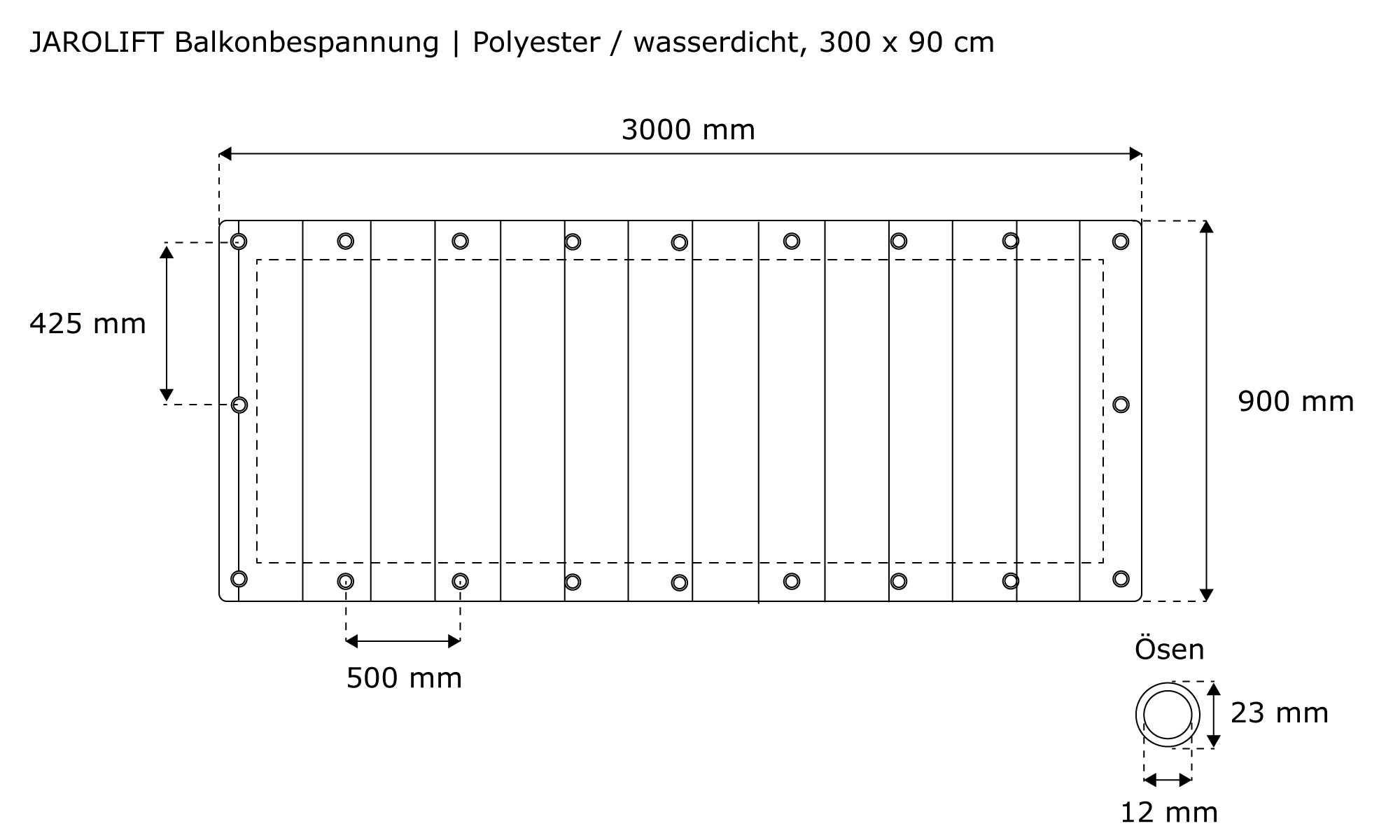 Skizze einer Balkonbespannung aus Polyester mit Ösen zur Befestigung, wasserdichtes Material