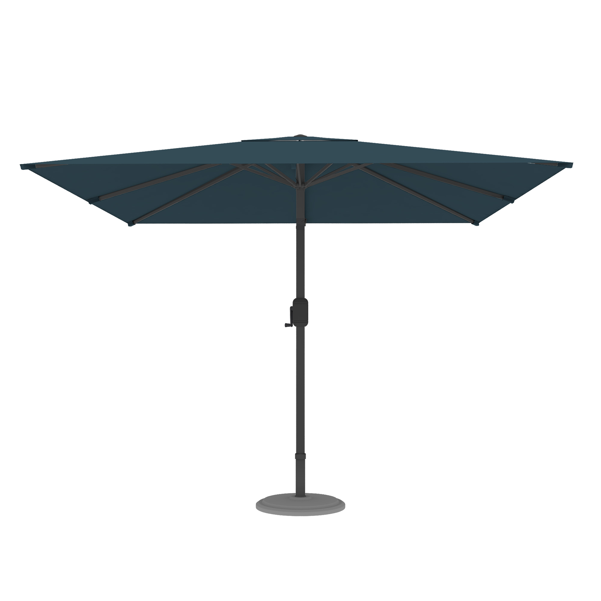 Moderner Sonnenschirm mit zentralem Mast und Kurbelmechanismus