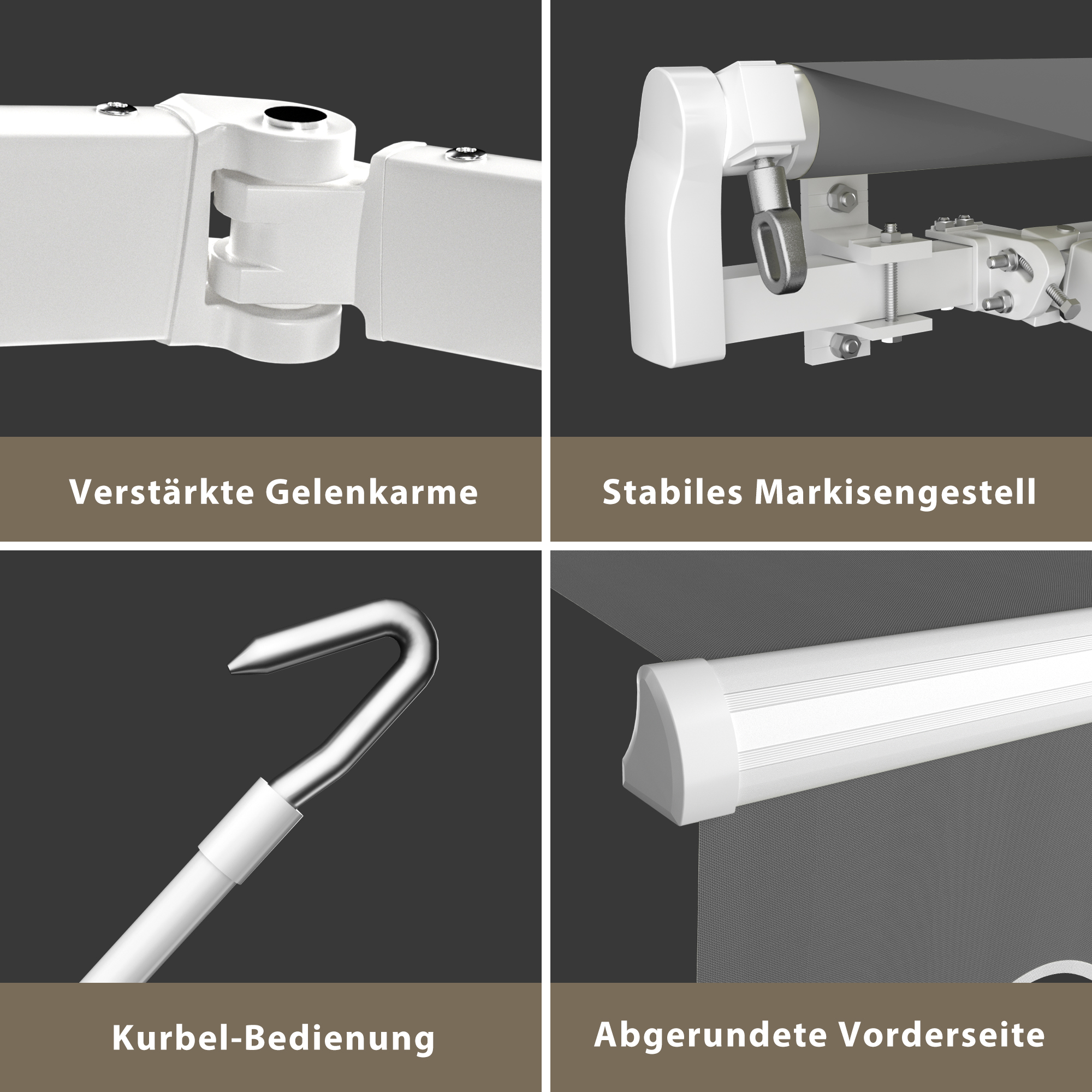 Markise mit verstärkten Gelenkarmen, stabilem Gestell, Kurbel-Bedienung und abgerundeter Vorderseite
