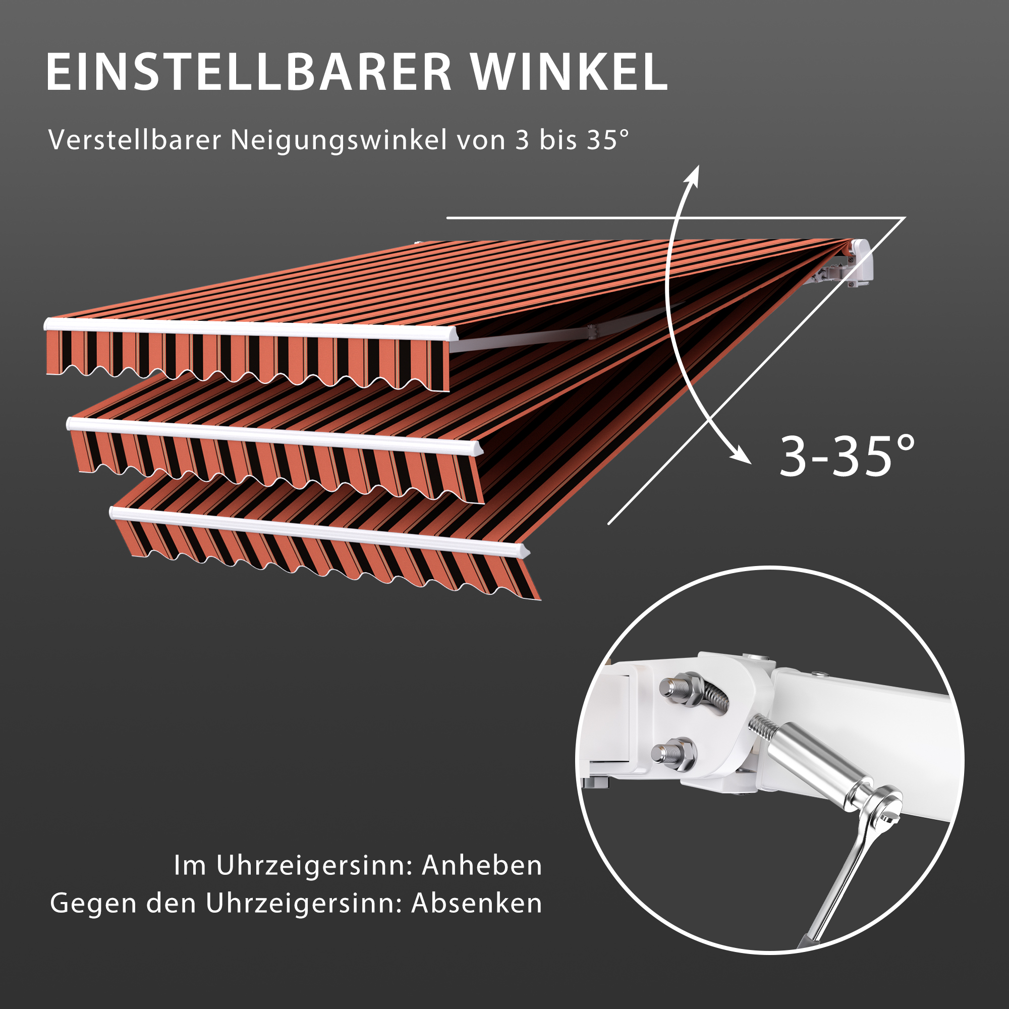 slider_image_01928fb916d27508b5aa3c29aa4e8b31 Verstellbare Markise mit Neigungswinkel von 3 bis 35 Grad, Hebelmechanismus zur Einstellung