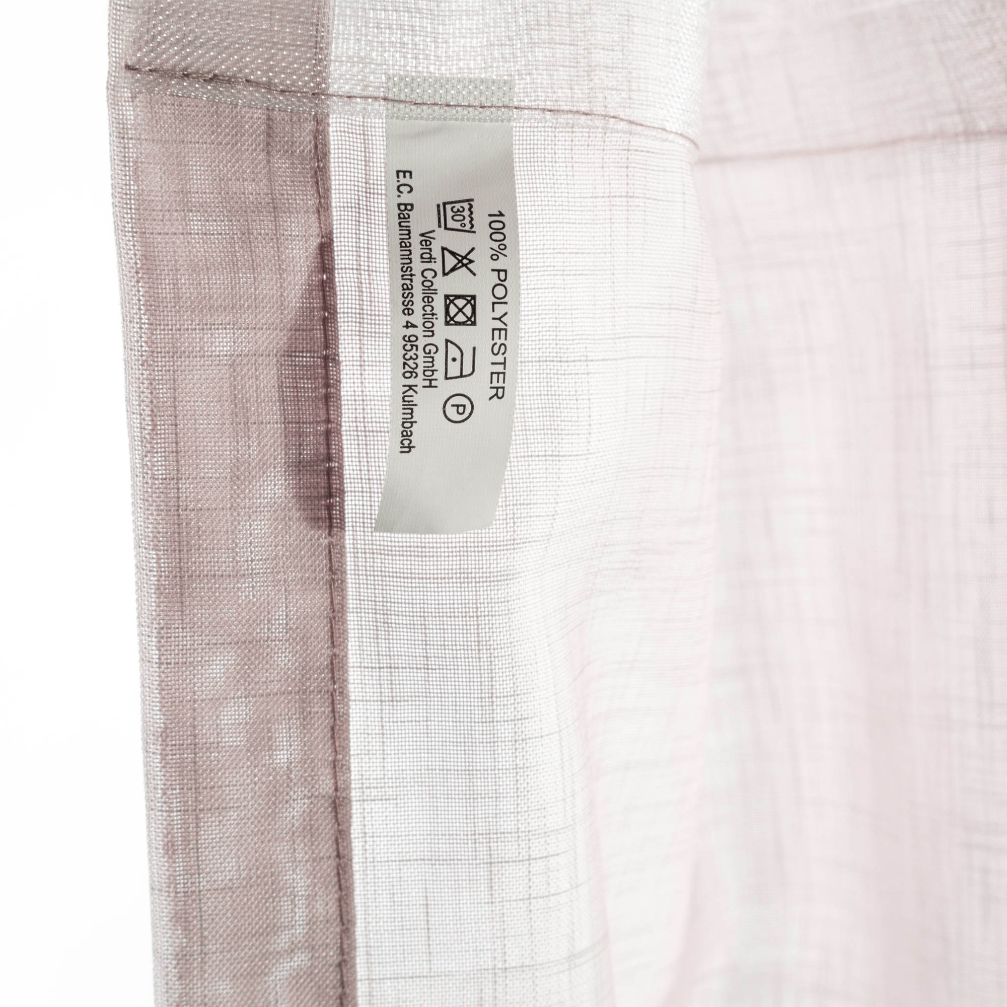 Gardine mit Schlaufenband und Leinen-Optik, Detailansicht des Materials und Etiketts