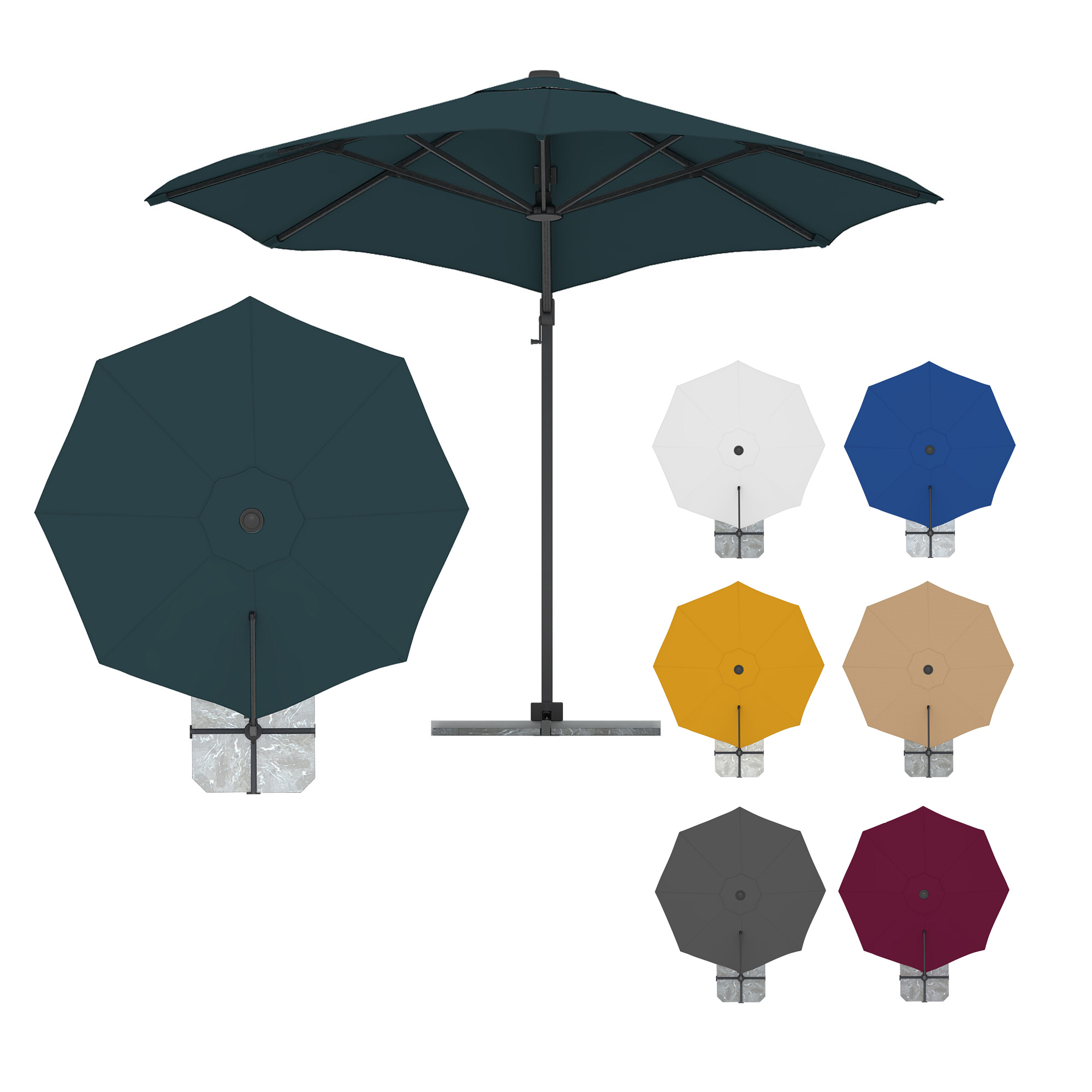 Ampelschirm mit rundem Schirmdach und seitlichem Standfuß in verschiedenen Farben