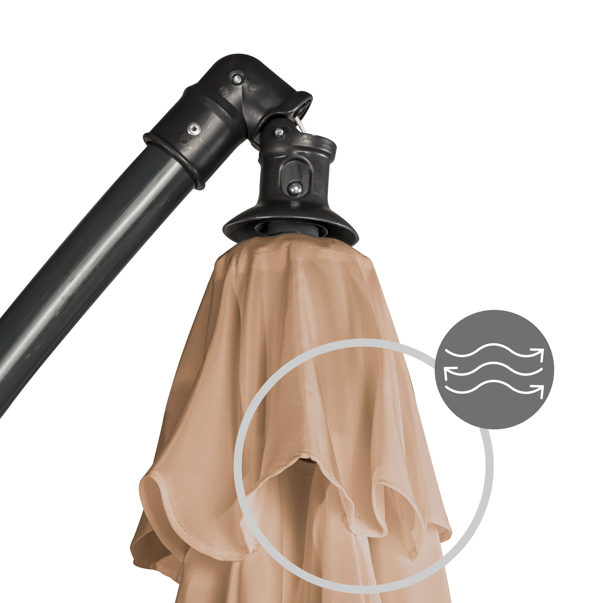 slider_image_5626b6cbd4af457f8861e30ac26f840c Ampelschirm mit verstellbarem Gelenk und Stoffbezug, Symbol für Luftzirkulation daneben