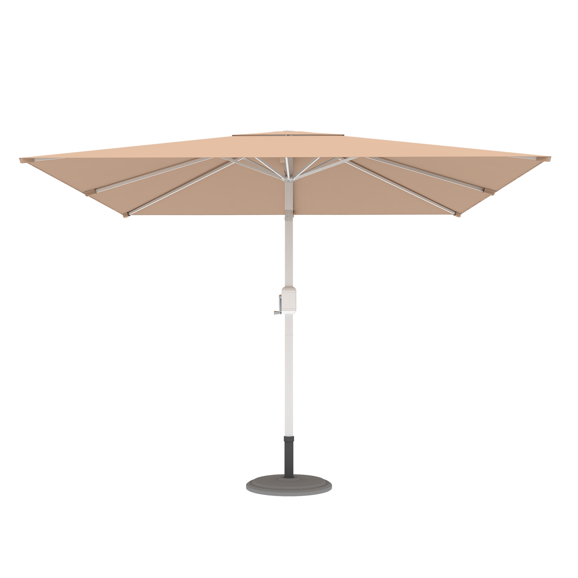 Moderner Sonnenschirm mit zentralem Mast und Kurbelmechanismus