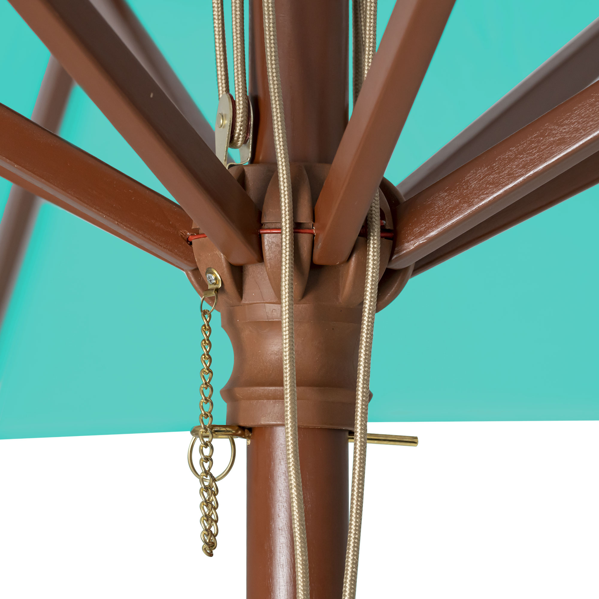 slider_image_dca891d402eb48e488f5210c18d51319 Nahaufnahme eines knickbaren Holz-Sonnenschirms mit Seilzug und Kettenmechanismus