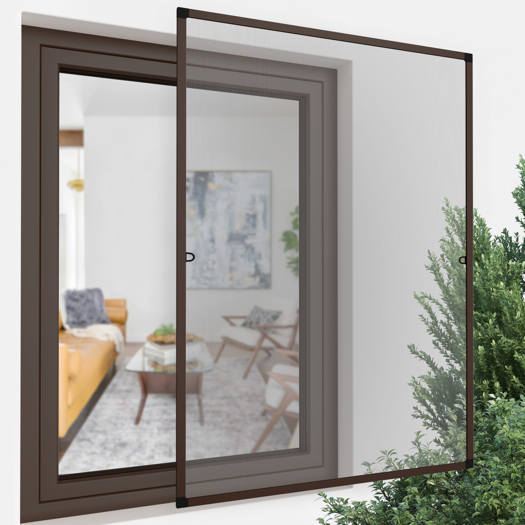 Insektenschutz-Spannrahmen für Fenster, montiert, mit Blick nach innen und außen