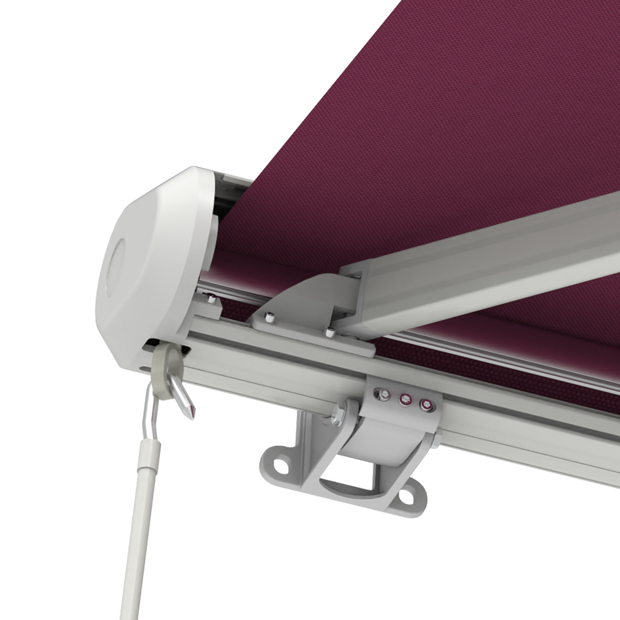 slider_image_0192905aa7627c0aad0c5d071387ca13 Kassettenmarkise Curve 2000 mit Gestell und Tuch in Nahaufnahme