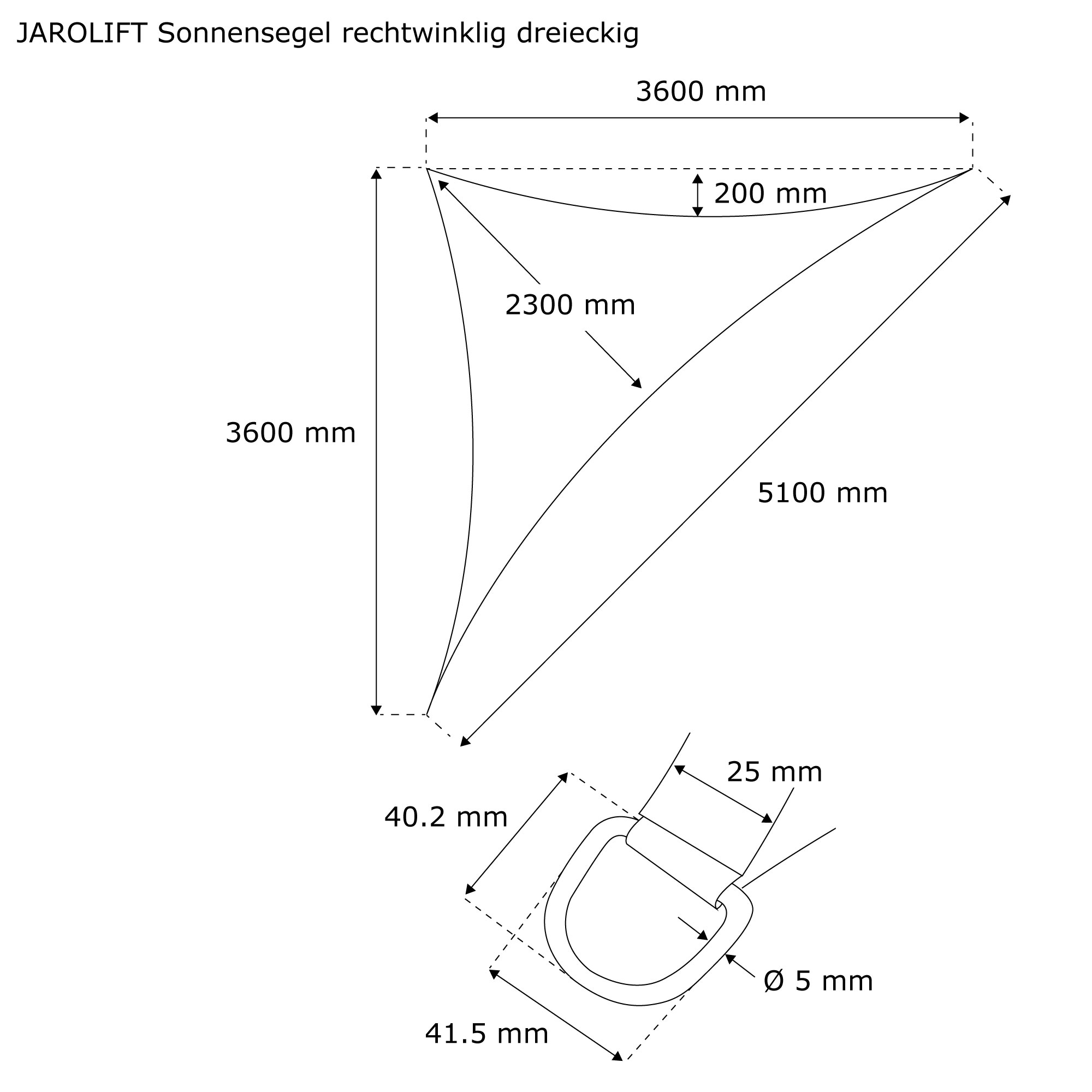 Dreieckiges Sonnensegel aus atmungsaktivem Material mit Befestigungsring, technische Zeichnung