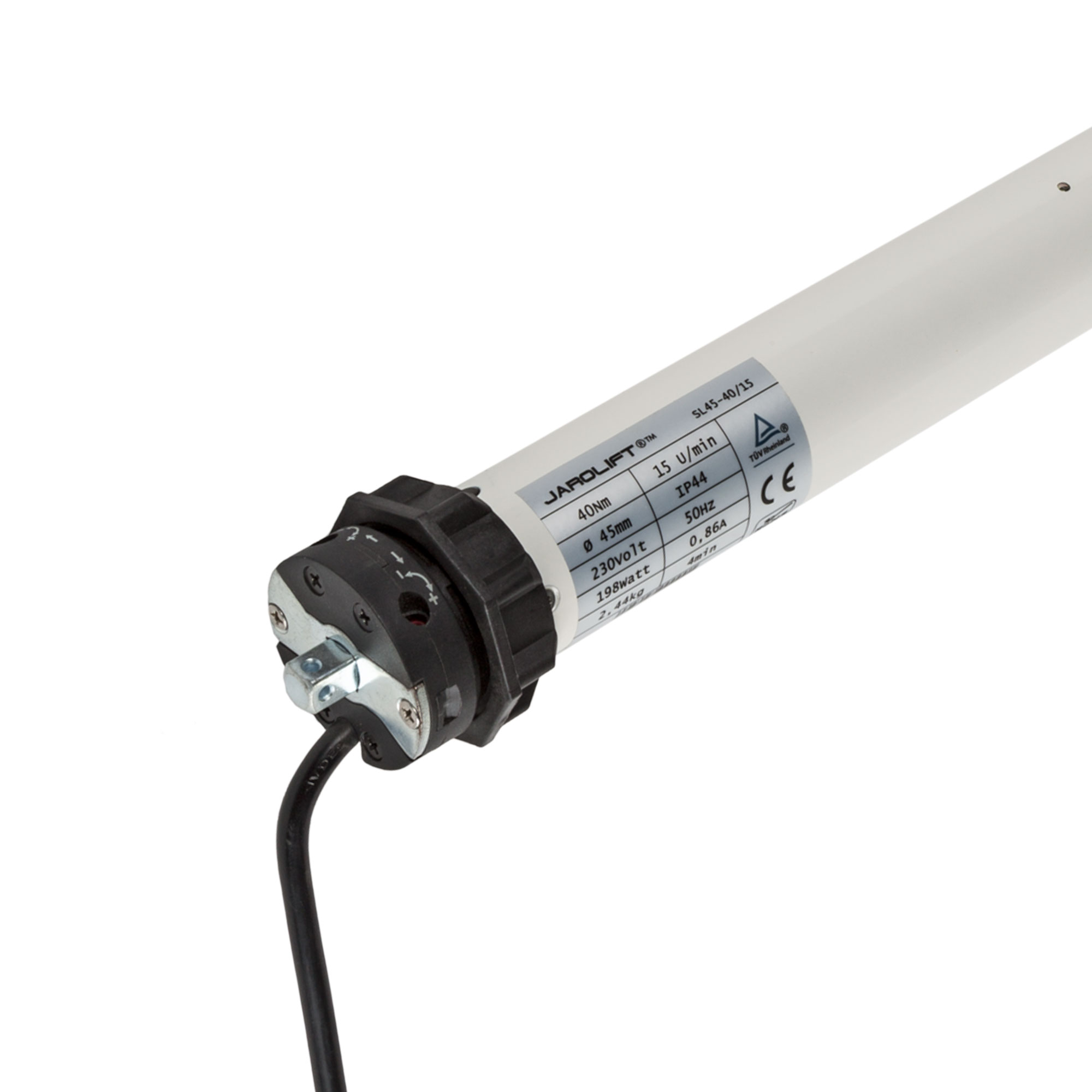 Rollladenmotor mit Kabel und Etikett für technische Spezifikationen