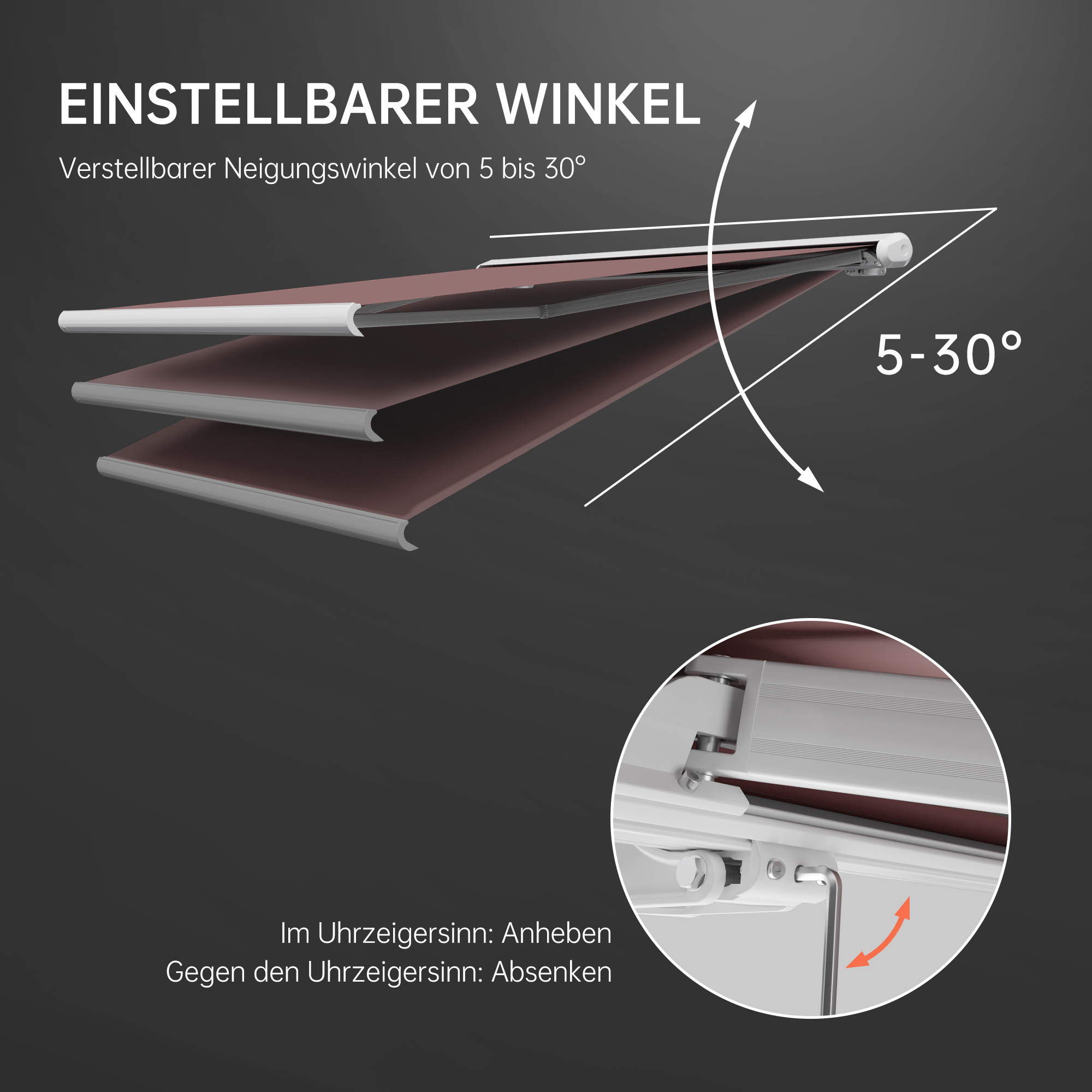Kassettenmarkise mit verstellbarem Neigungswinkel von 5 bis 30 Grad