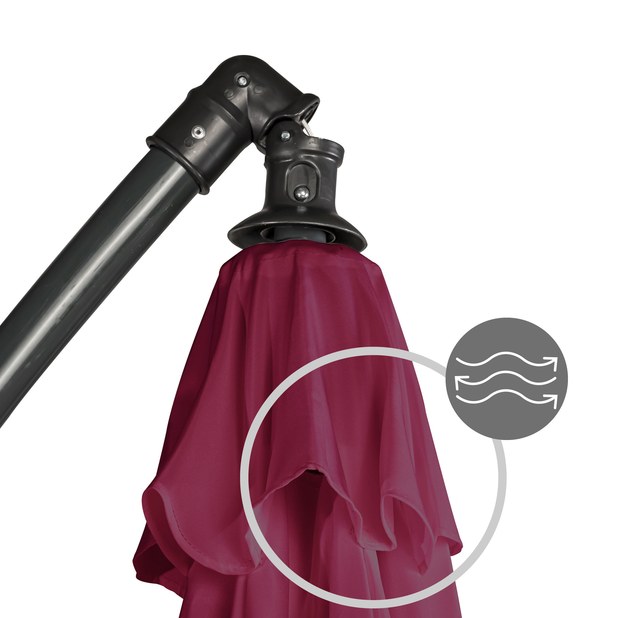 slider_image_426c1b121dc048ec87b6541e77091d1b Ampelschirm mit verstellbarem Gelenk und Stoffbezug, Symbol für Luftzirkulation daneben