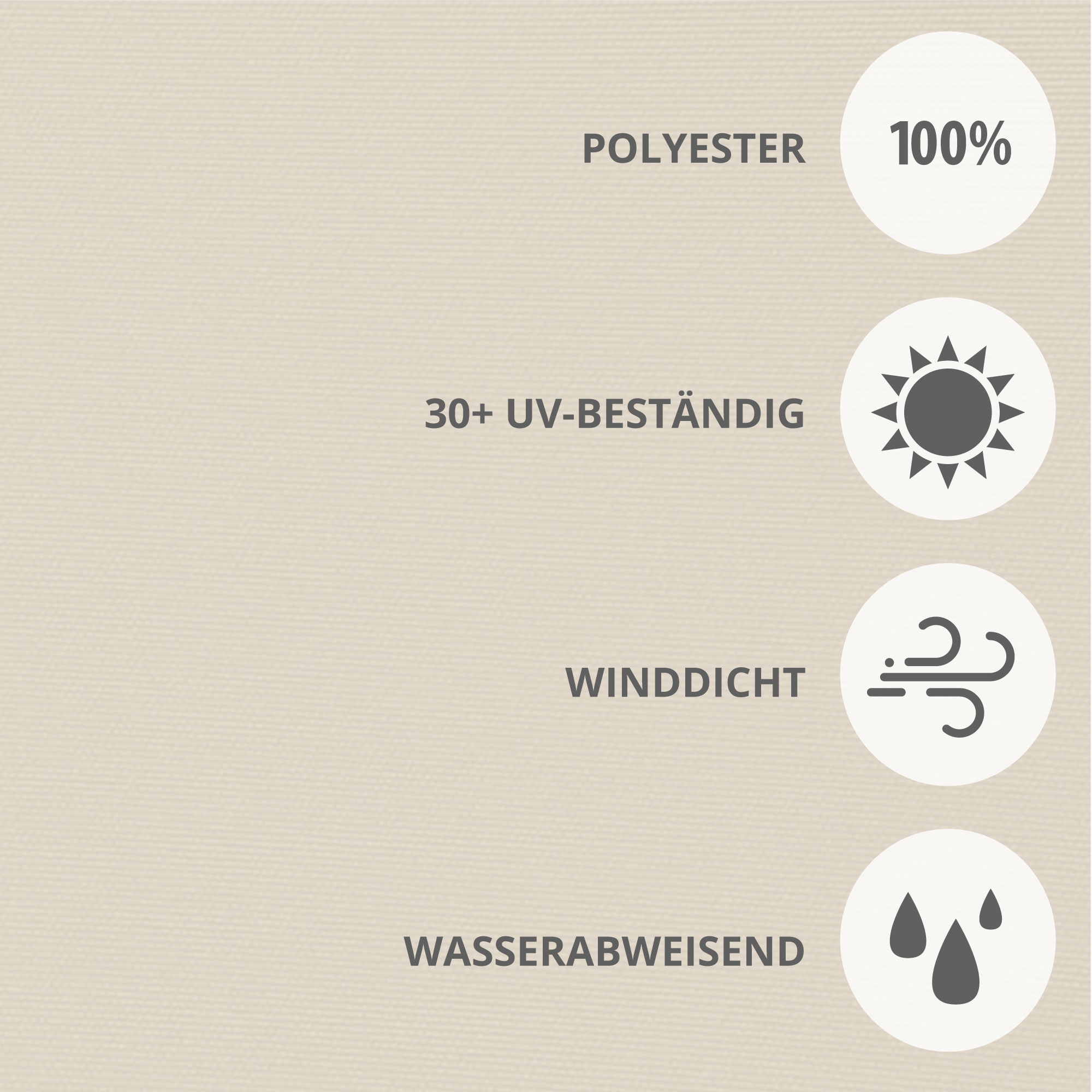 Seitenzugmarkise mit Polyester, UV-beständig, winddicht, wasserabweisend, Symbole illustriert