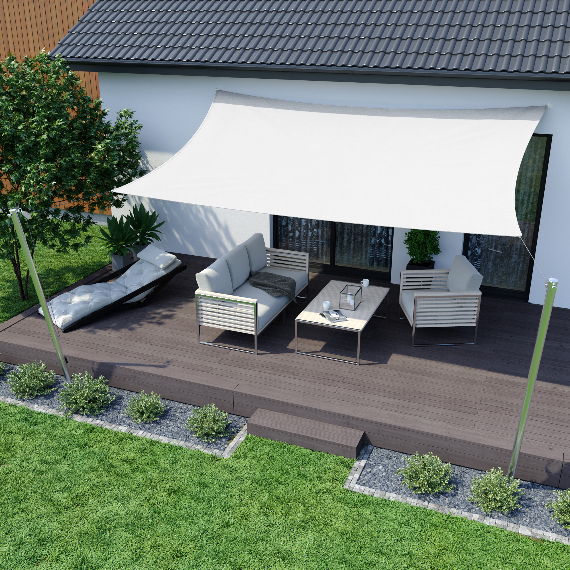 Sonnensegel über Terrasse mit Sitzgruppe, bietet Schatten und Schutz, atmungsaktives Material