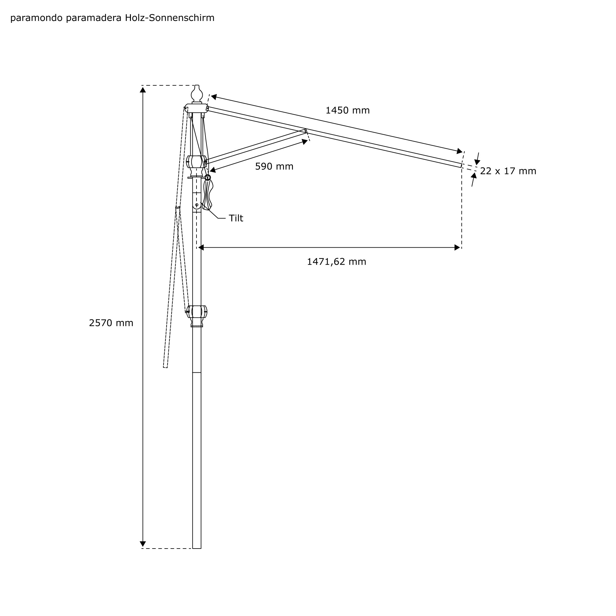 Skizze eines knickbaren Holz-Sonnenschirms mit Maßen und Neigungsfunktion