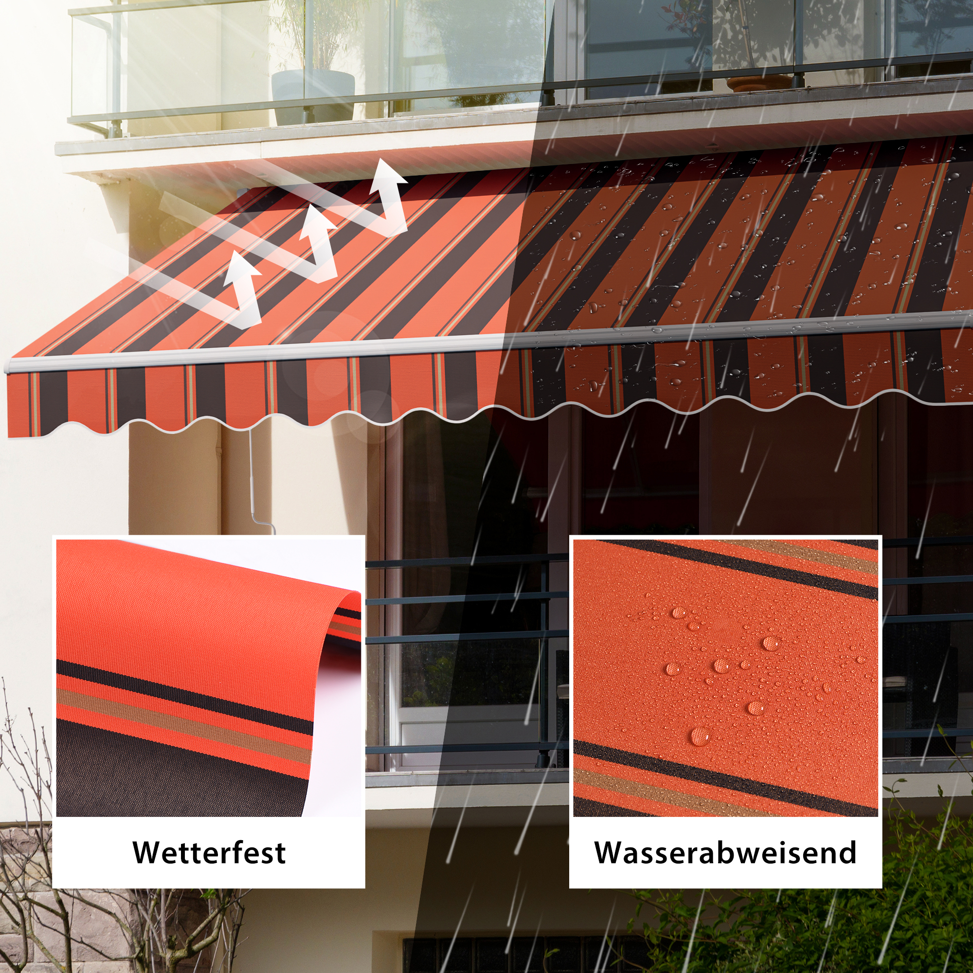 Gelenkarmmarkise Basic 2000 an einem Balkon, wetterfest und wasserabweisend