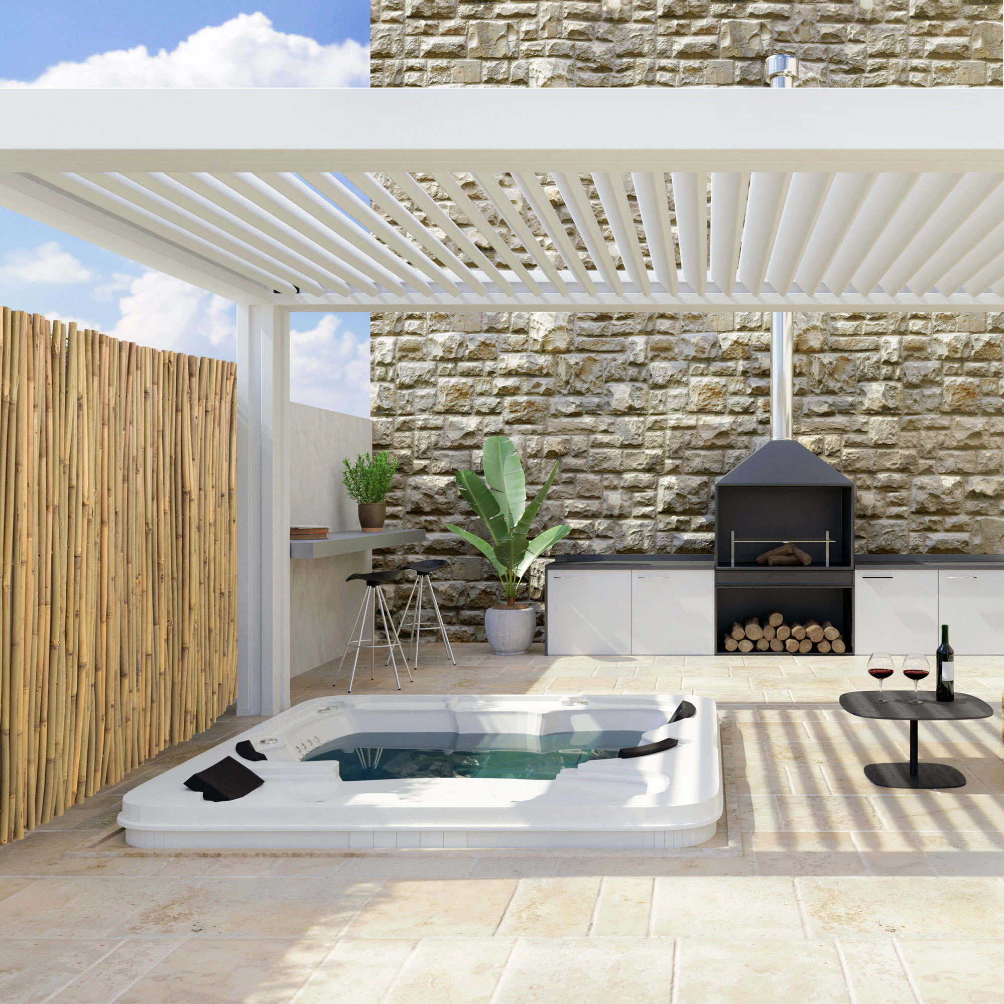 Bambus-Sichtschutzmatte auf Terrasse neben Whirlpool und Sitzbereich mit Pergola