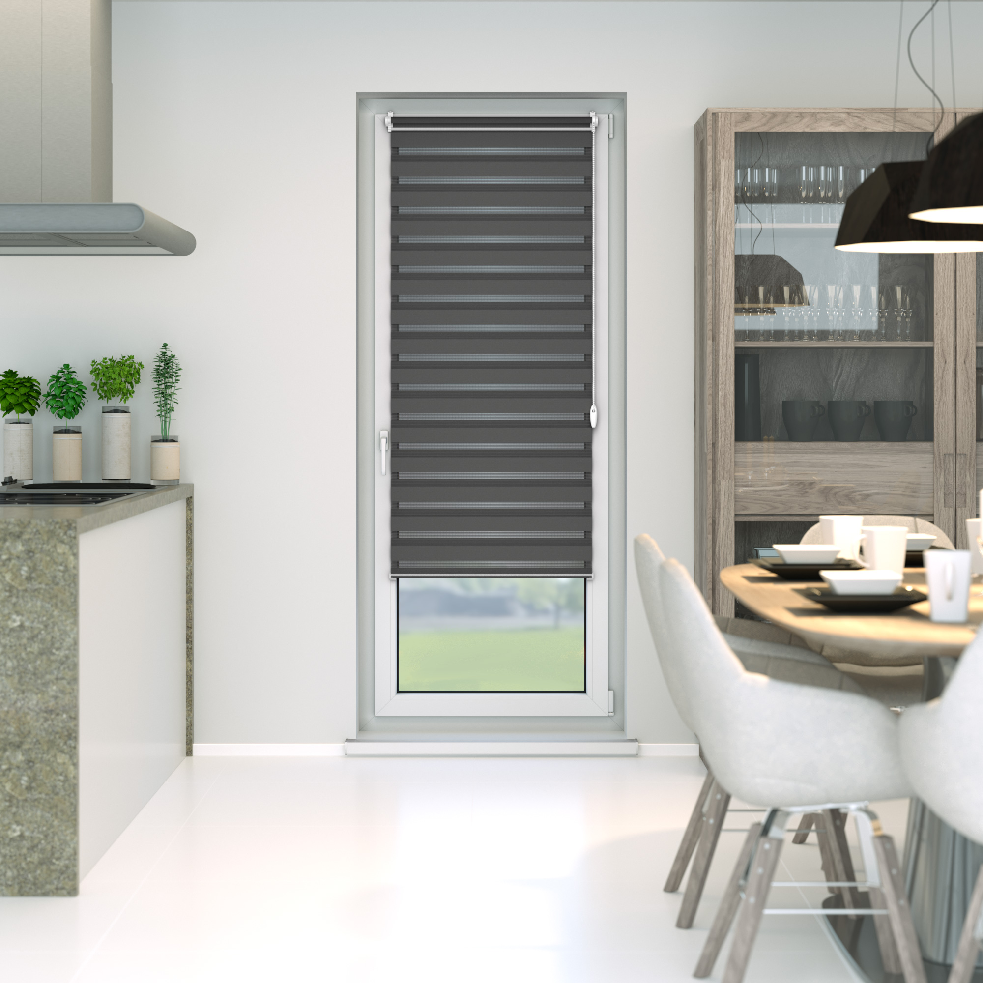 Fenster mit Zevra Doppelrollo, halbtransparent, in modernem Esszimmerumfeld