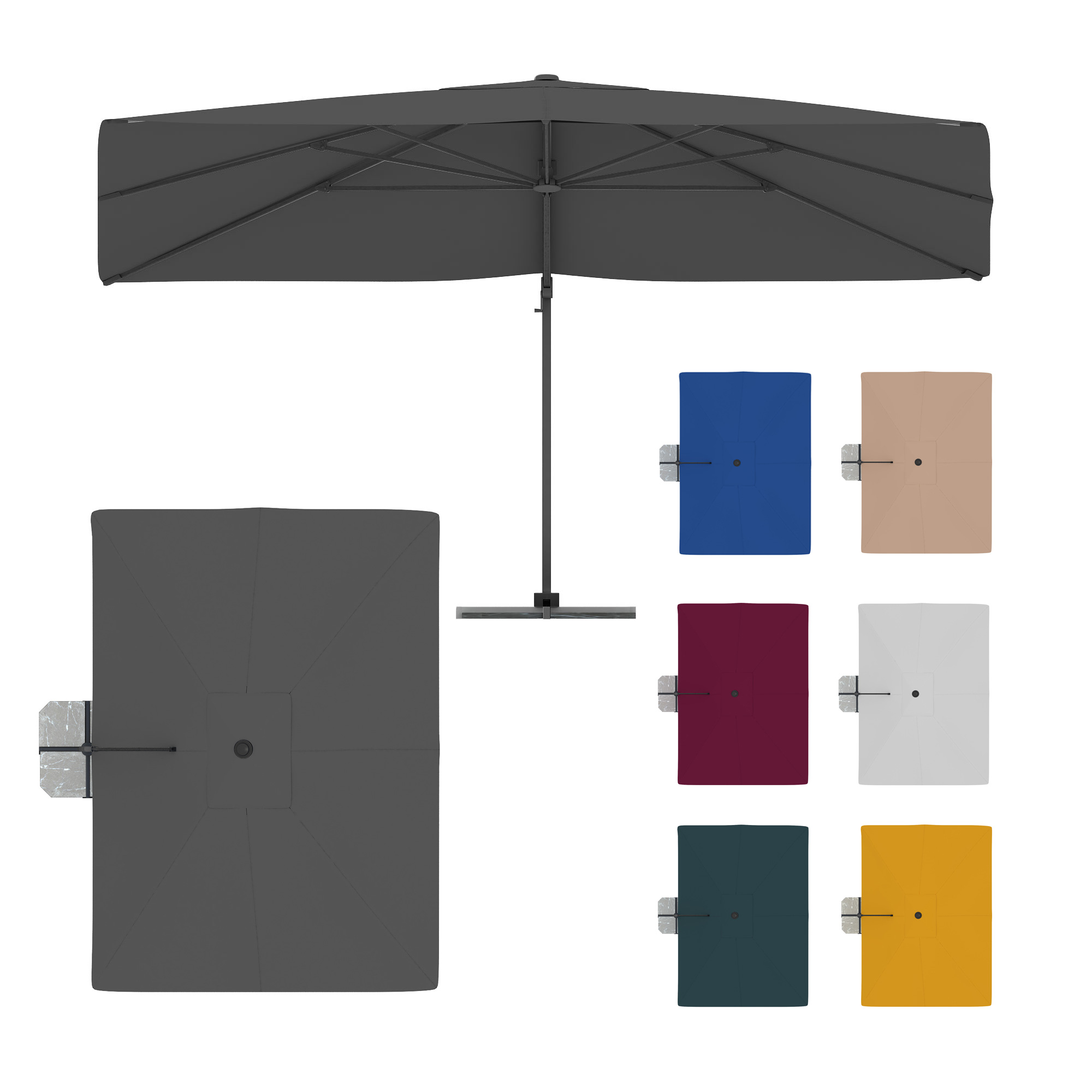 Ampelschirm mit rundem Schirmdach und seitlichem Standfuß in verschiedenen Farben