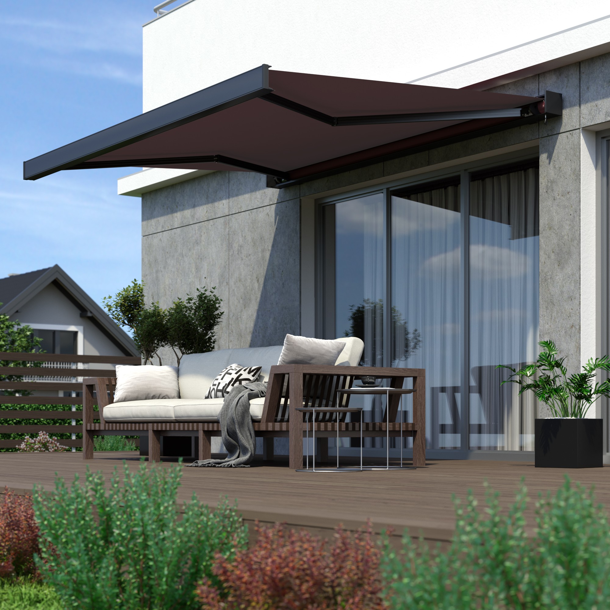 Kassettenmarkise Line über Terrasse mit Sitzbereich und Pflanzen