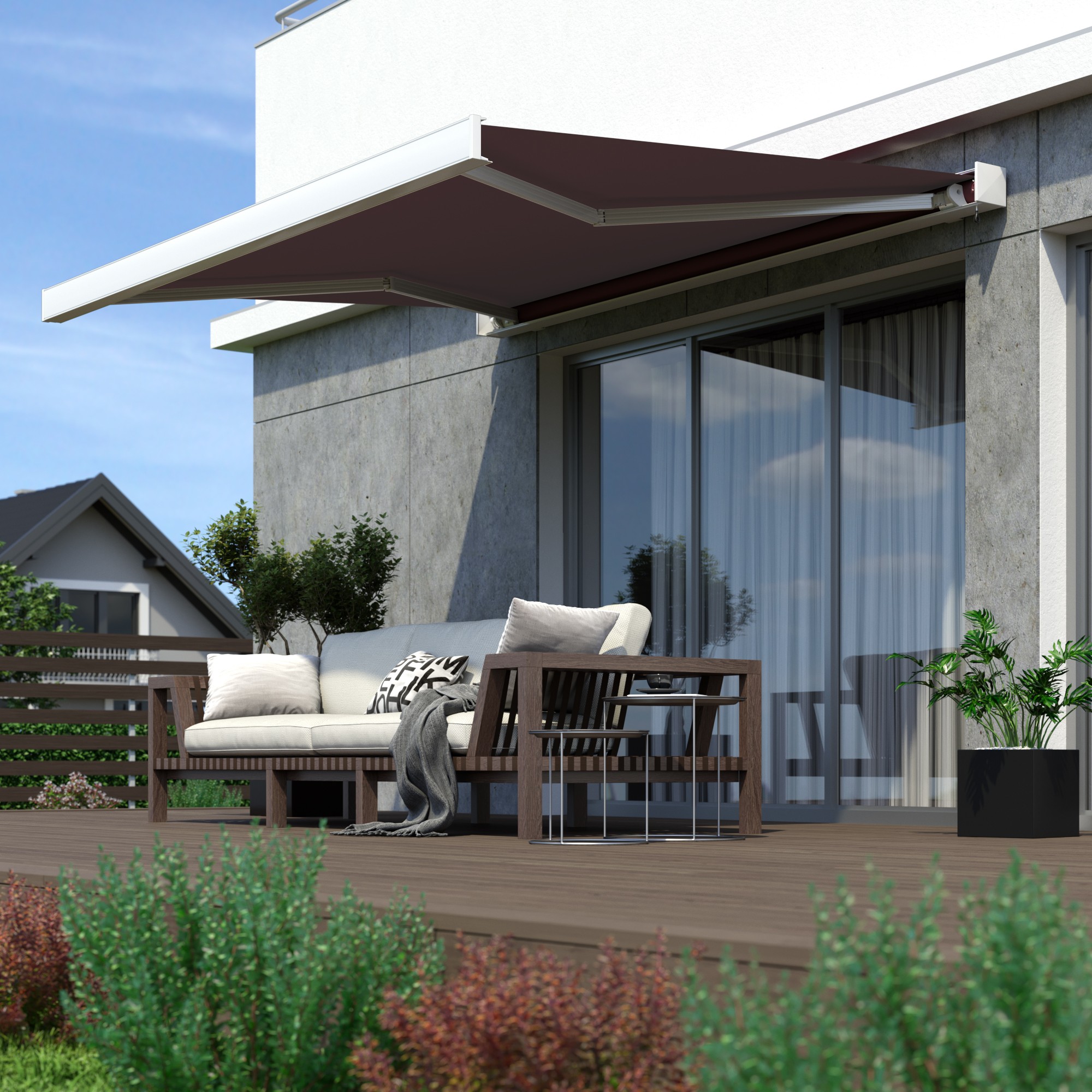 Kassettenmarkise Line über Terrasse mit Sitzbereich und Pflanzen