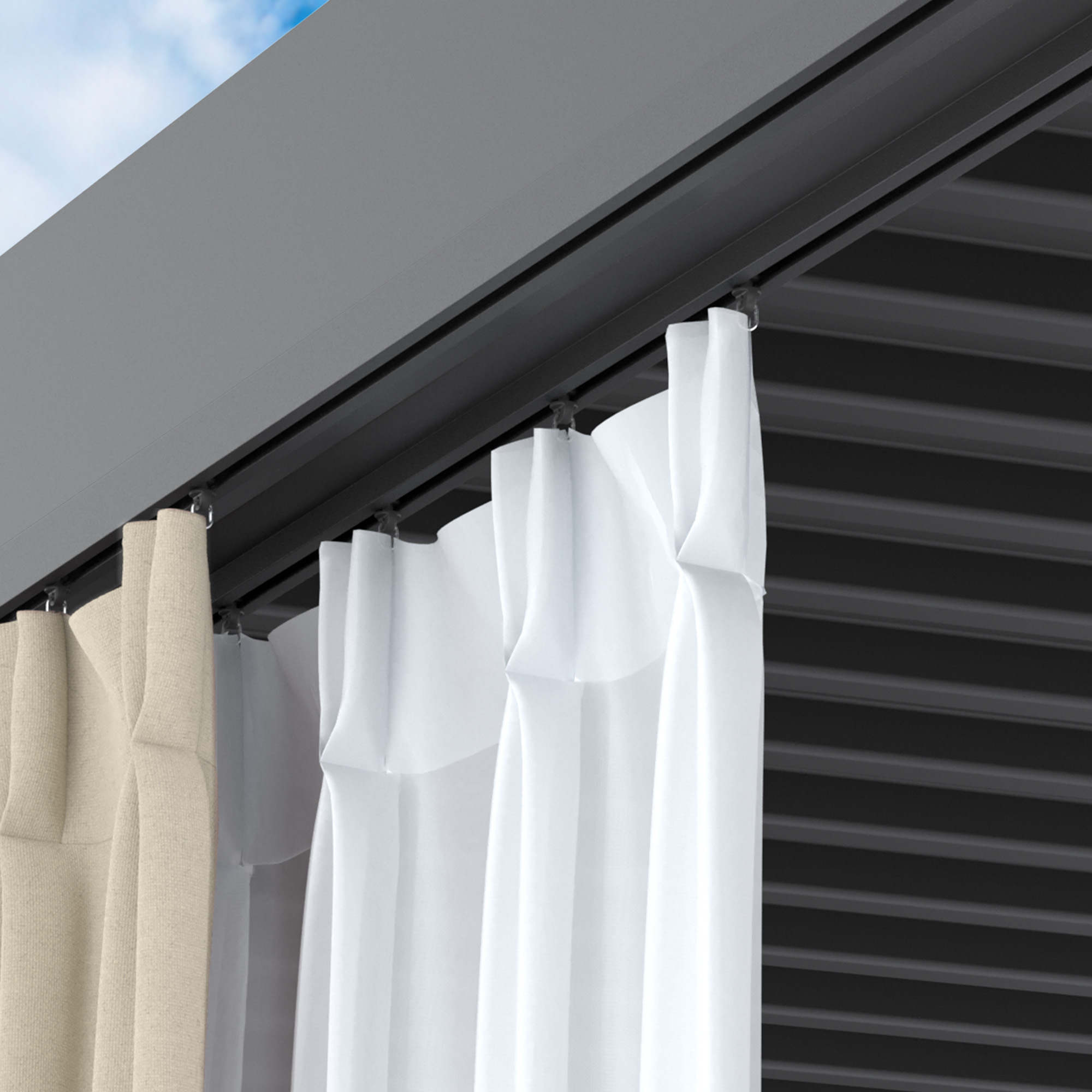 Gardinenschienenset für Pergola mit Lamellendach, Vorhänge an Schiene befestigt