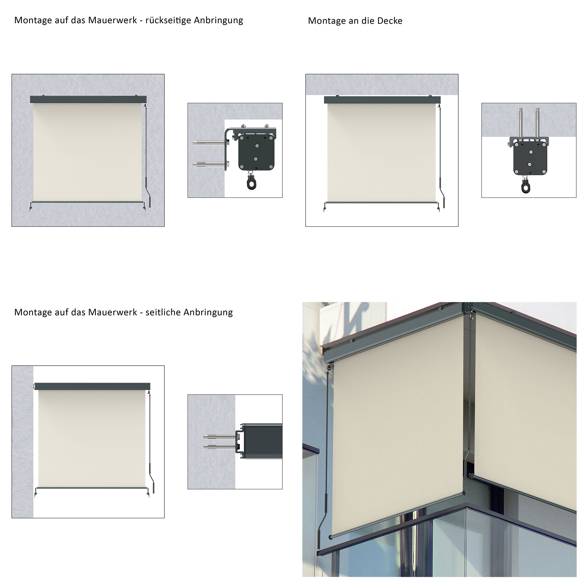 slider_image_de07a496b6064061bfe65bf92521c966 Außenrollo mit Kassette und Kurbel, zeigt Montageoptionen an Wand und Decke