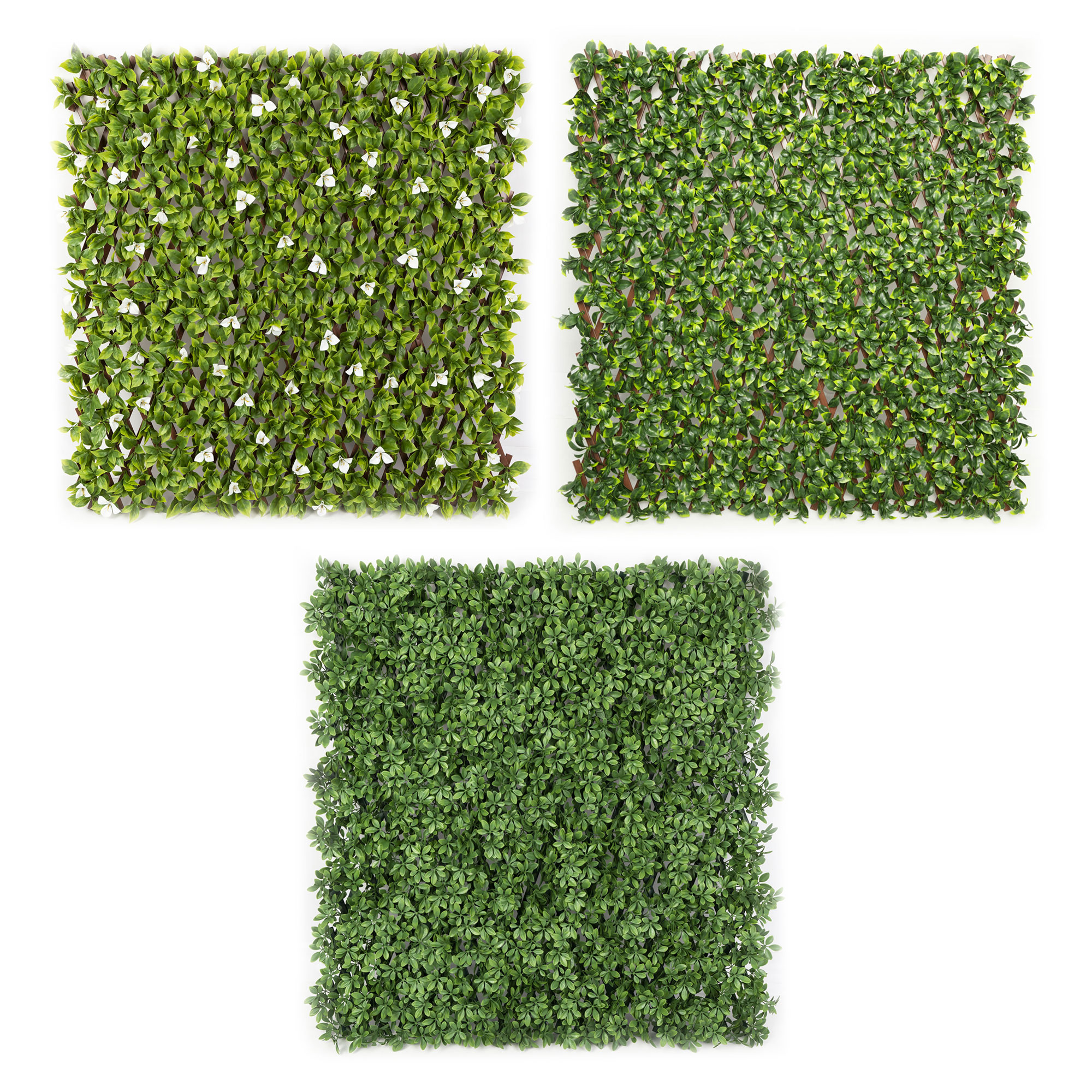 Künstliche Pflanzenwand mit dichtem Blattwerk und vereinzelten Blüten in quadratischer Anordnung