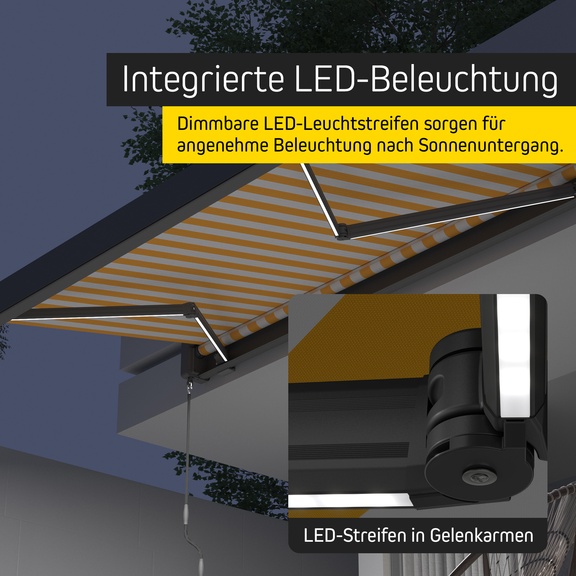 Kassettenmarkise mit integrierter LED-Beleuchtung und Gelenkarmen für Terrassenüberdachung