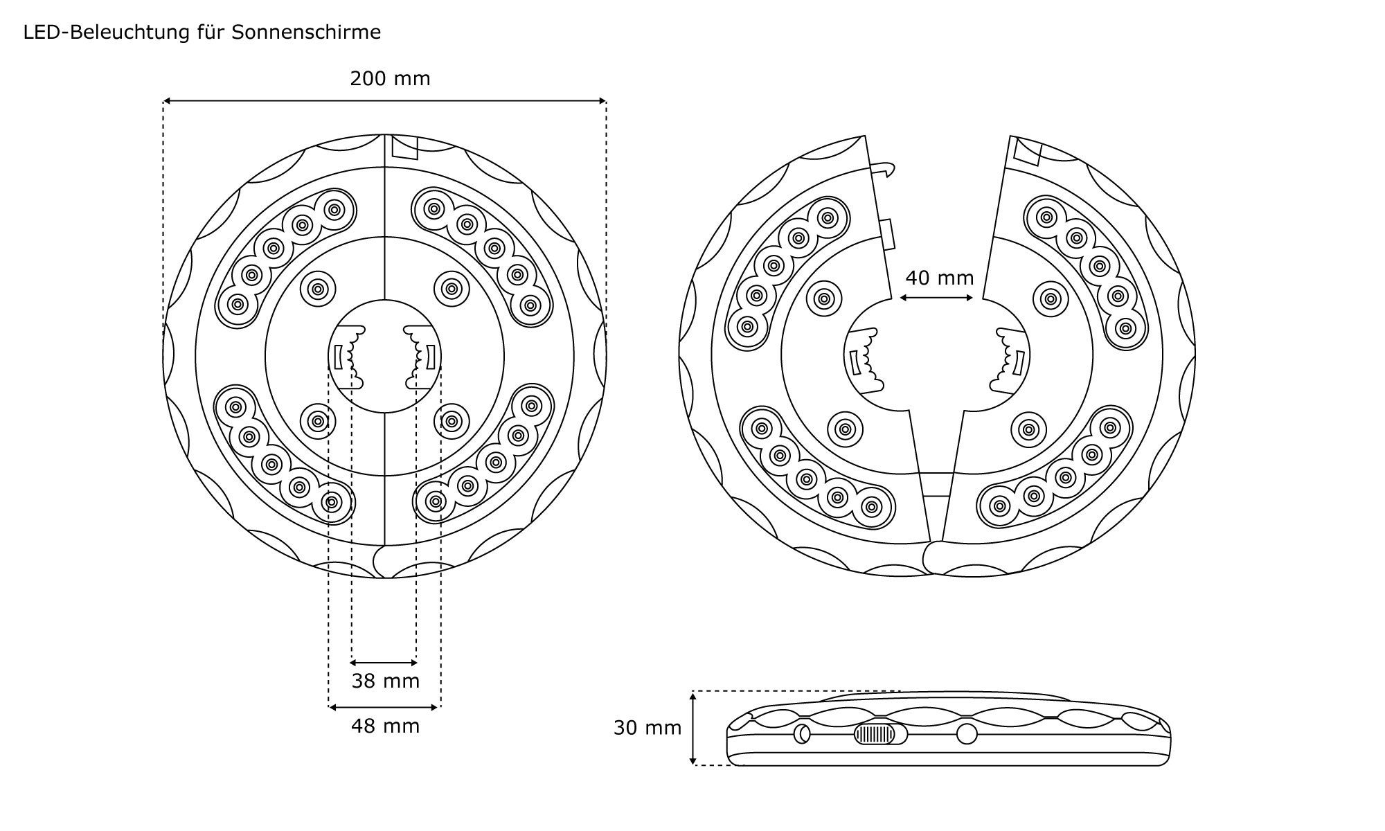 Zeichnung einer runden LED-Beleuchtung für Sonnenschirme mit Maßen und Details zur Montage