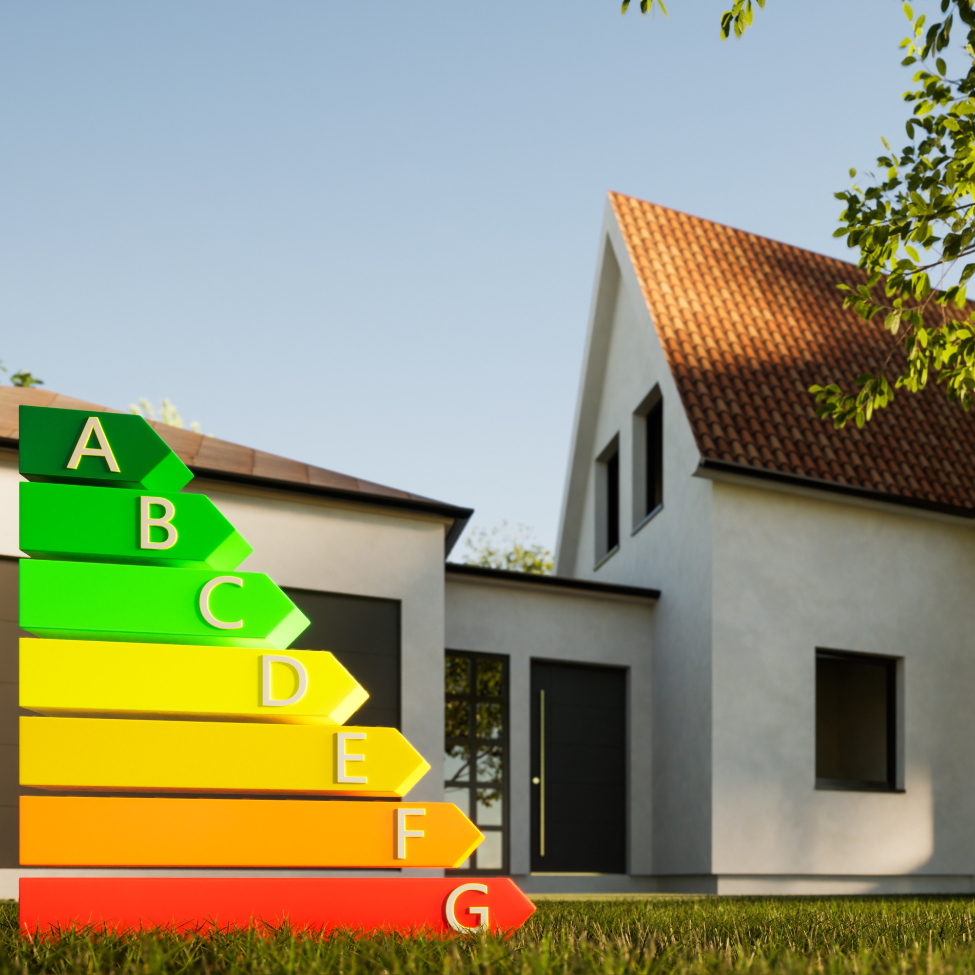 slider_image_3e0992ab2bbb46eda97341ba86508adf Ein modernes Haus mit Energieeffizienzskala von A bis G im Vordergrund