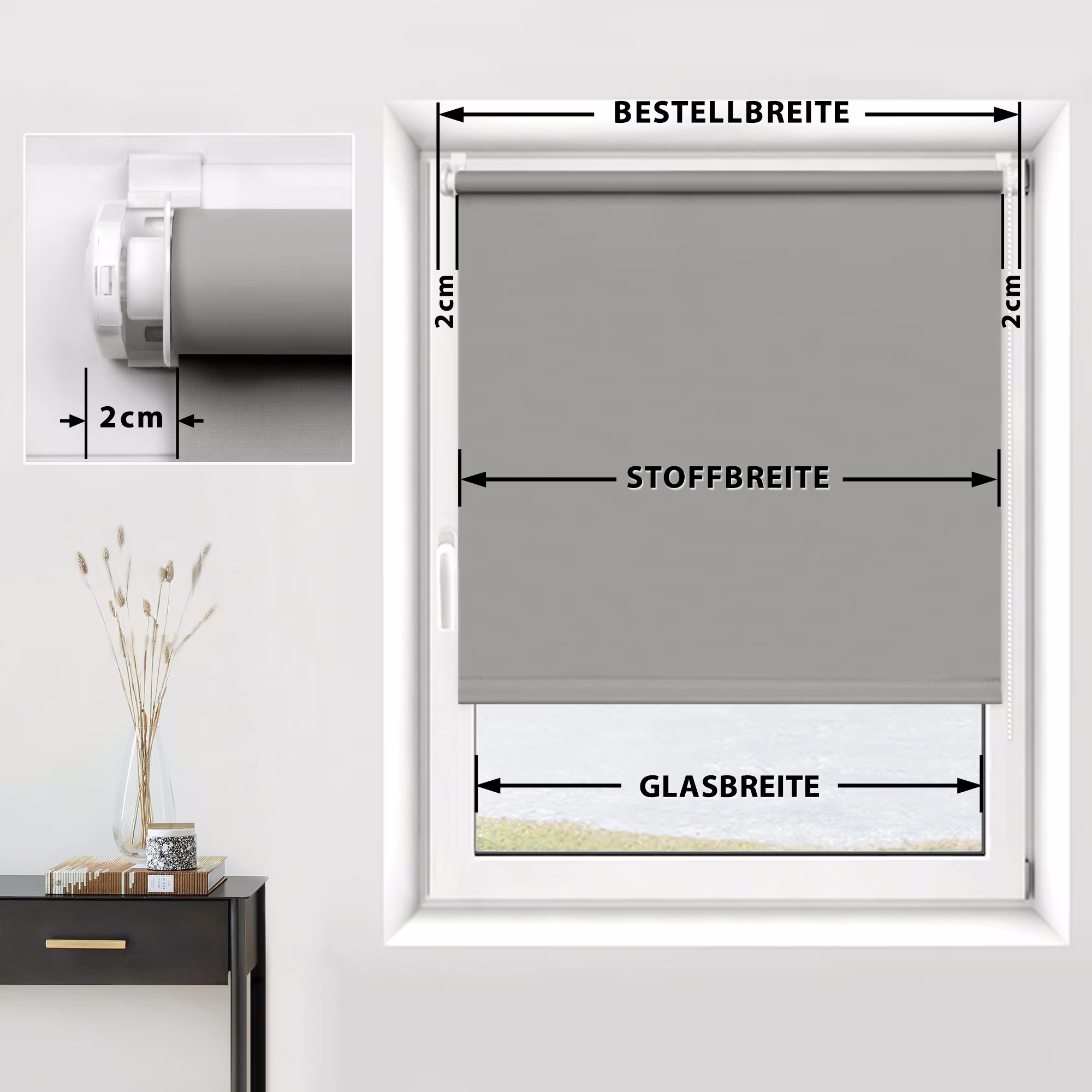 Verdunkelungsrollo an einem Fenster mit Maßangaben für Bestell-, Stoff- und Glasbreite