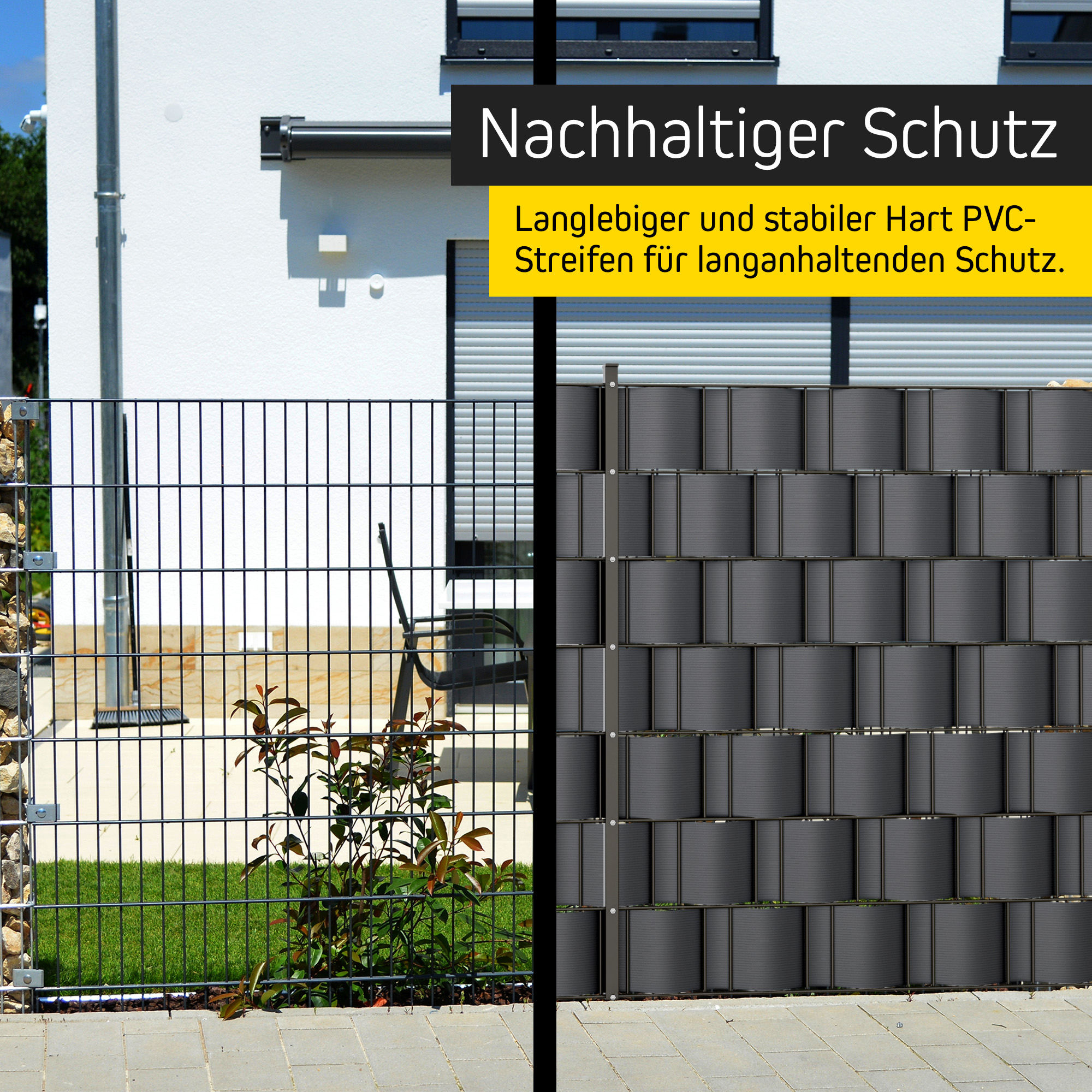 slider_image_0192b963abb17980ae239f19af31291e PVC Sichtschutzstreifen an einem Zaun für Privatsphäre und Schutz im Außenbereich