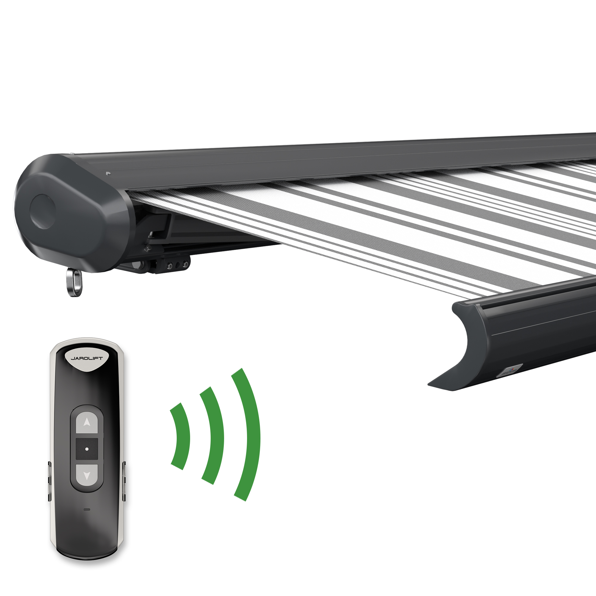 Kassettenmarkise mit Fernbedienung, zeigt Tuch und Gehäuse der Markise